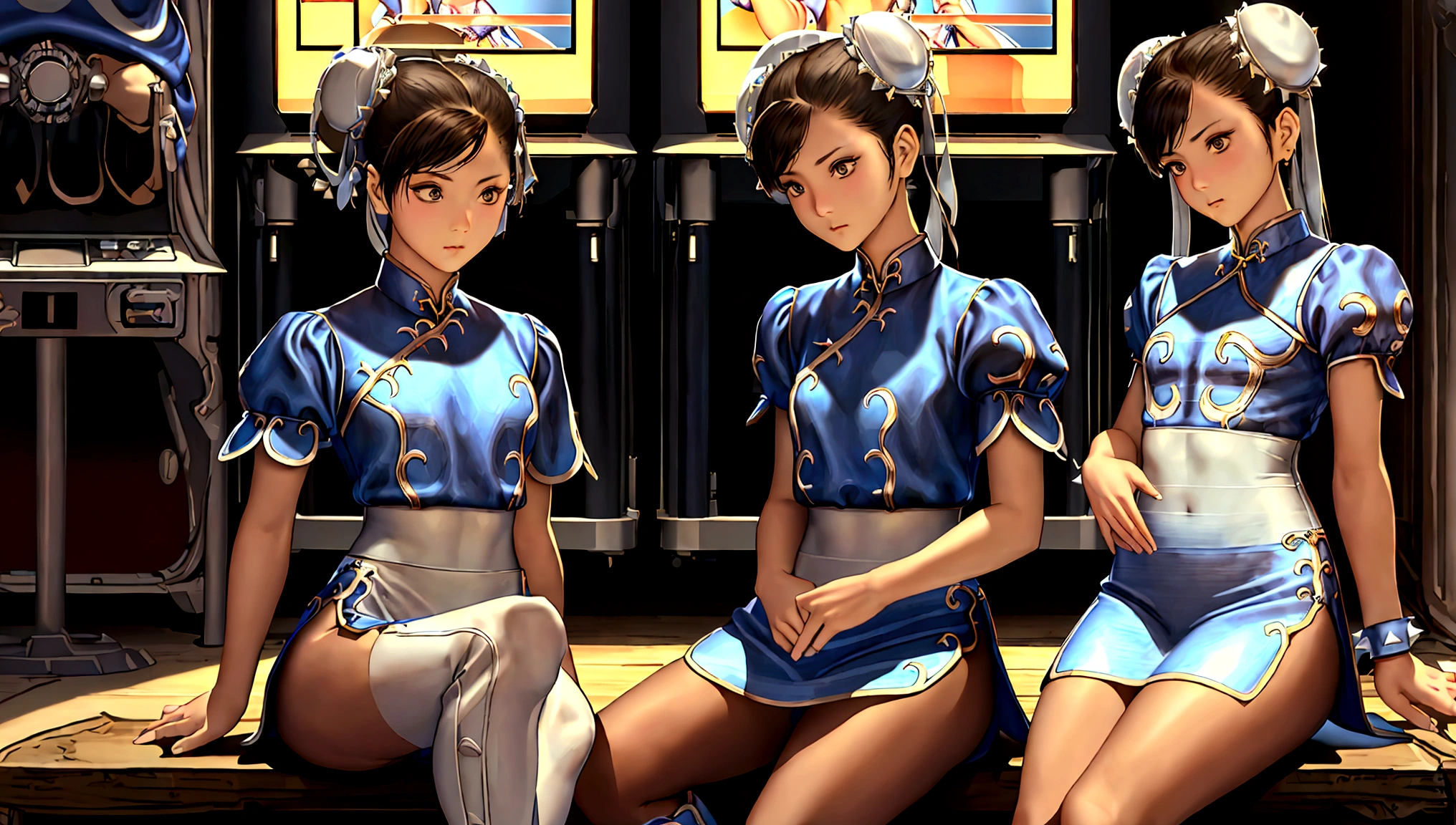 (ultra high quality), detailed face, high resolution, ((masterpiece)), ((best quality)), ((ultra detailed)), delicate, (ultra realistic), ((extremely detailed)), depth of field , ((cowboy photo: 1.4)), ((2girl)), group, sitting on the floor, ((varied poses)), elementary school girl, loly, short stature, , ((no bra)), small build, facing viewer, ((intricate arcade machines)), a row of arcade style machines sitting in a row in a video game room, game controller, game console, controller, television, short sleeve, sleeveless clothing, ( (white waistband)), ((Chun Li))), bows, covered bows, Chinese dress, qipao, blue suit, spiked bracelets, puffed sleeves, brown pantyhose, white boots, flat chest, flat stomach, tiny body, height small