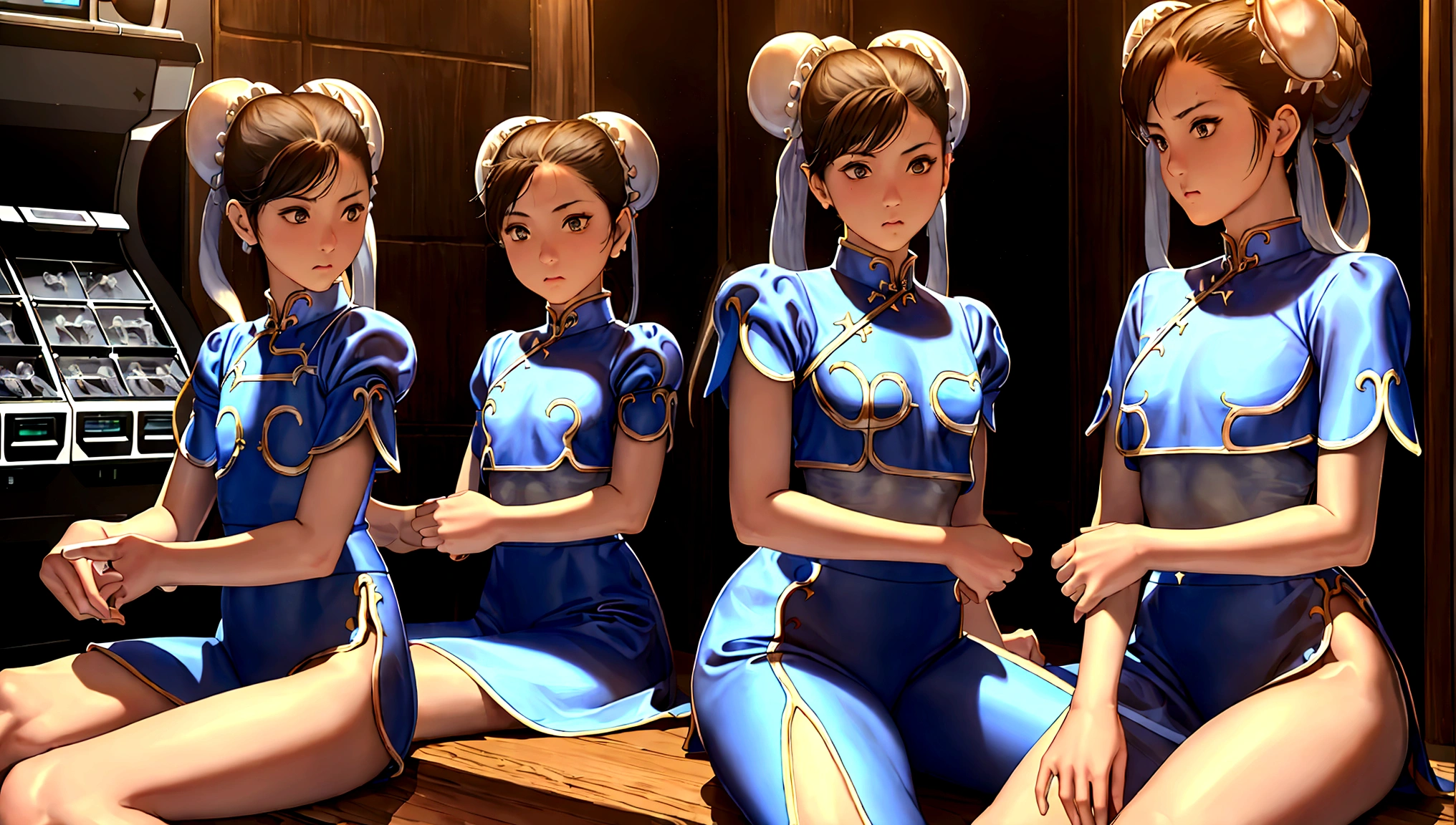 (ultra high quality), detailed face, high resolution, ((masterpiece)), ((best quality)), ((ultra detailed)), delicate, (ultra realistic), ((extremely detailed)), depth of field , ((cowboy photo: 1.4)), ((2girl)), group, sitting on the floor, ((varied poses)), elementary school girl, loly, short stature, , ((no bra)), small build, facing viewer, ((intricate arcade machines)), a row of arcade style machines sitting in a row in a video game room, game controller, game console, controller, television, short sleeve, sleeveless clothing, ( (white waistband)), ((Chun Li))), bows, covered bows, Chinese dress, qipao, blue suit, spiked bracelets, puffed sleeves, brown pantyhose, white boots, flat chest, flat stomach, tiny body, height small