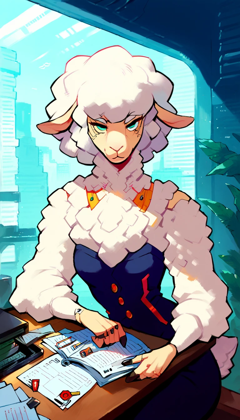 score_9, score_8_up, score_7_up, (cyberpunk city, governments office, work cabinet, windows on background:1.5),
((Sheep:1.2), anthro, solo, female, (portrait, Sitting at the table:1.5), (reading papers:1.2), ((wearing business suit, president)), ((sheep fur)), beautiful, (have cyberpunk-style additions:1.35)