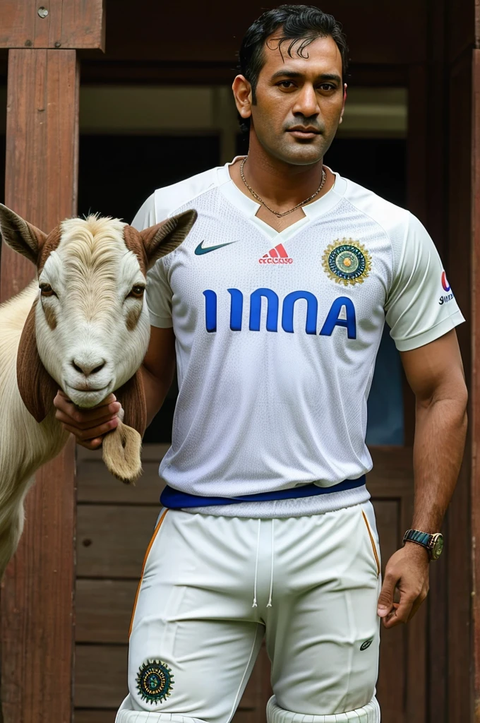 Base model of a handsome indian man, , masterpiece, , handsome face, posing for photo shoot, ultra HD, 16k resolution, handsome face, beautiful eyes, messy hair, he is a cricket player, (wearing indian cricket team Jersey), penis