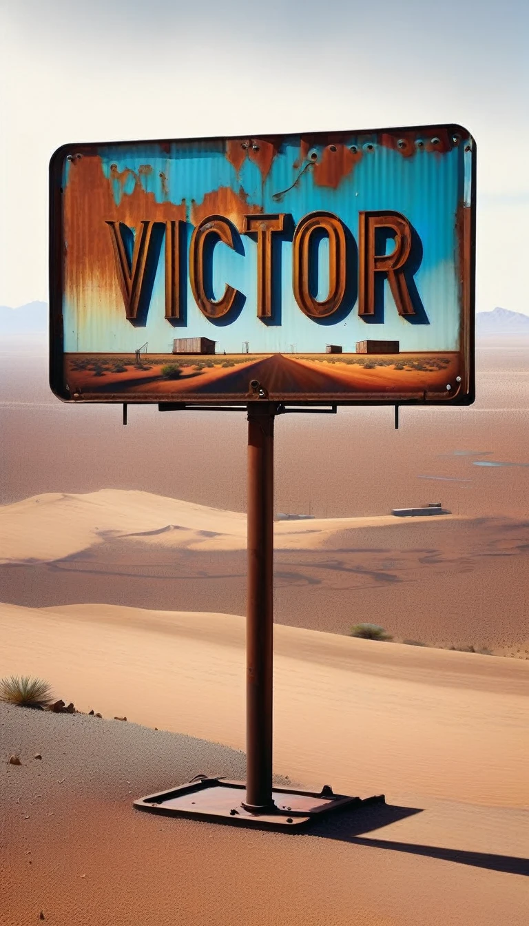 advertising billboard in a desert of rusty metal, some metal letters cover it, ((the text is:"VICTOR OLANO"))