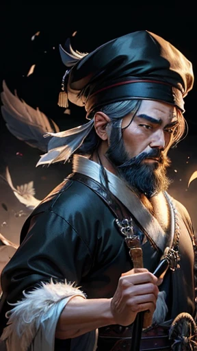 alone、Oriental、Ancient Chinese man in black costume、Holding a feather fan、Highest quality、masterpiece、Ultra-high resolution、(Realistic:1.4)、Game Poster、Crisp and beautiful image quality、Bearded Man,Ancient Chinese hairstyle with a large plain white beret loosely covering the head like a turban、（Handle Feather Fan)、（Wooden handle）、（It is made of many black feathers）
