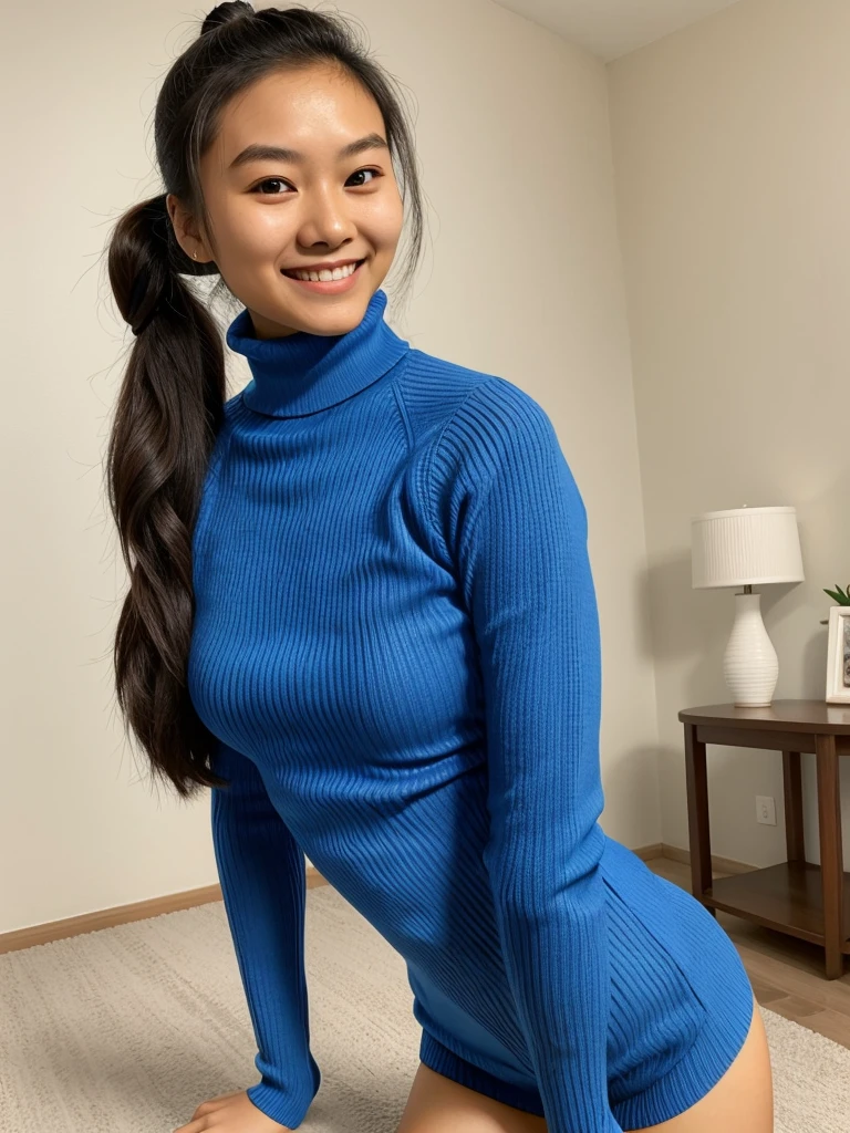 photo of a cute asian teen submissive wife messy long hair thrown into a messy bun ponytail. She wears: (turtleneck high ribbed bright blue tight sweater:1.1), submissive seductive pose, high tight ribbed neck, seductive smile, perfect fake tits, turtleneck top, perfect naked legs