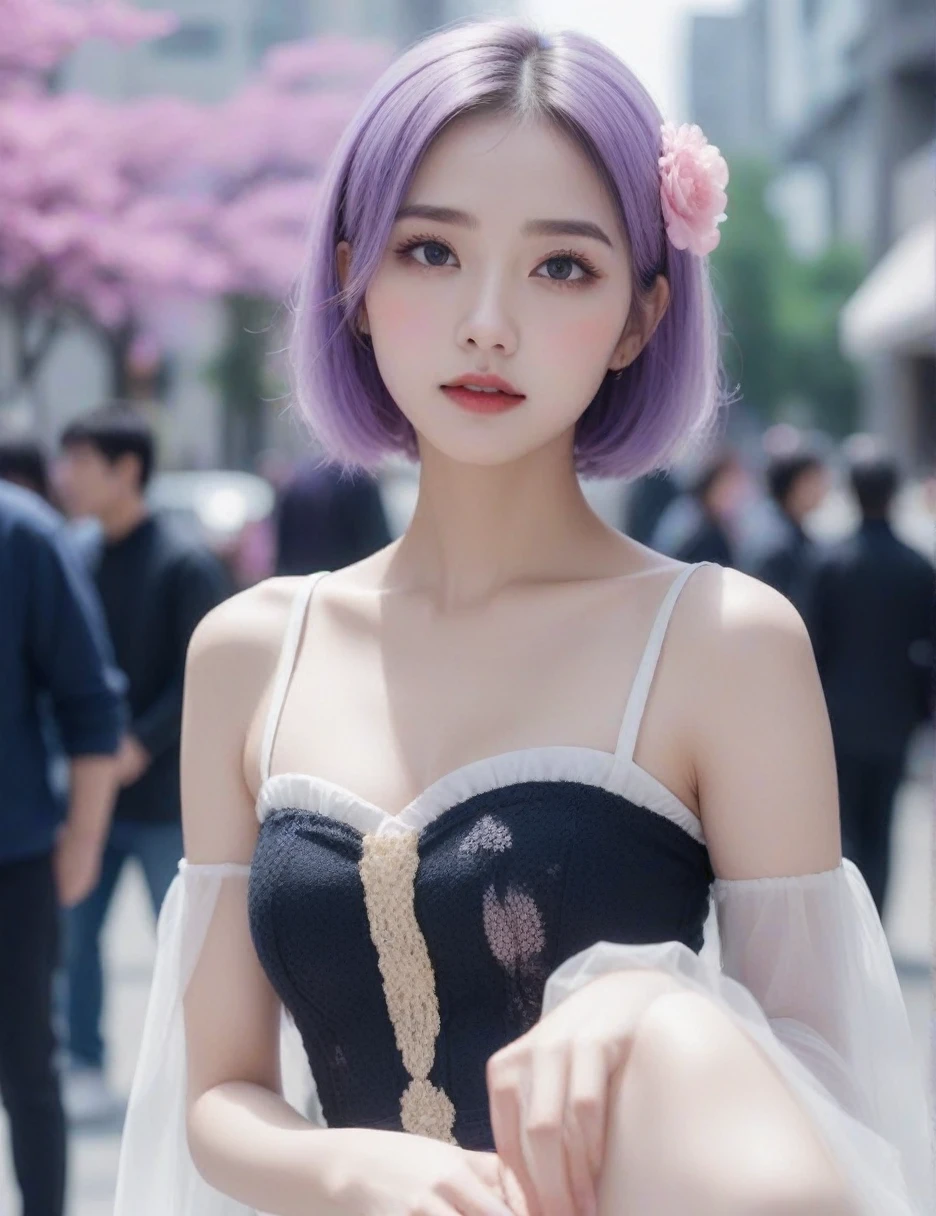 (best quality, 8K, Masterpiece: 1.3)), Sharp focus: 1.2, A beautiful woman with a perfect figure. Highly detailed facial and skin textures, Detailed eyes, Double eyelids, smile, look at viewer, purple short hair, upper body, put on makeup, blurry background, white skin, Face Paint, white skin, Black Wedding Dress, Holding equipment, Zombies, light purple lips, __background__ Full of busy people