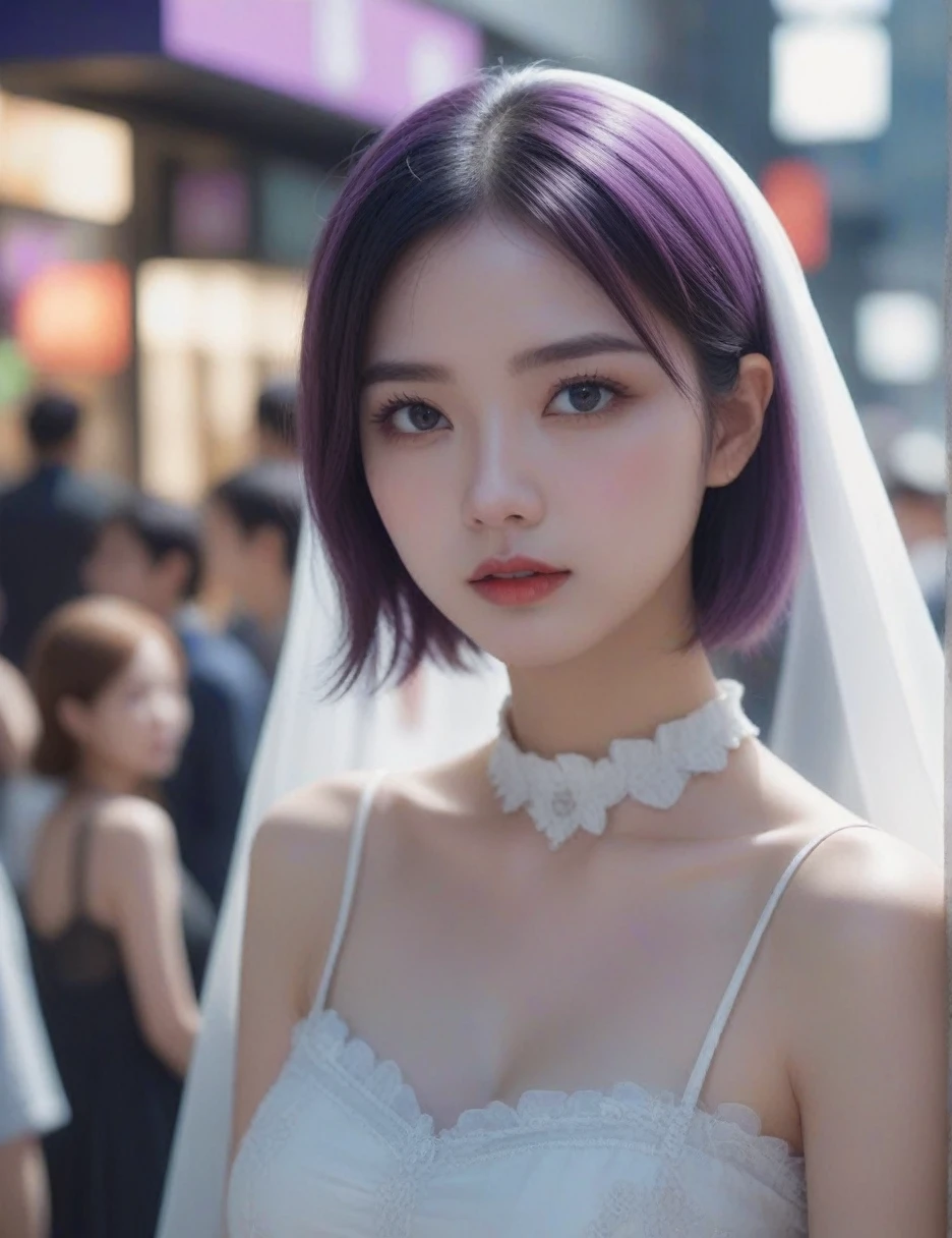 (best quality, 8K, Masterpiece: 1.3)), Sharp focus: 1.2, A beautiful woman with a perfect figure. Highly detailed facial and skin textures, Detailed eyes, Double eyelids, smile, look at viewer, purple short hair, upper body, put on makeup, blurry background, white skin, Face Paint, white skin, Black Wedding Dress, Holding equipment, Zombies, light purple lips, __background__ Full of busy people