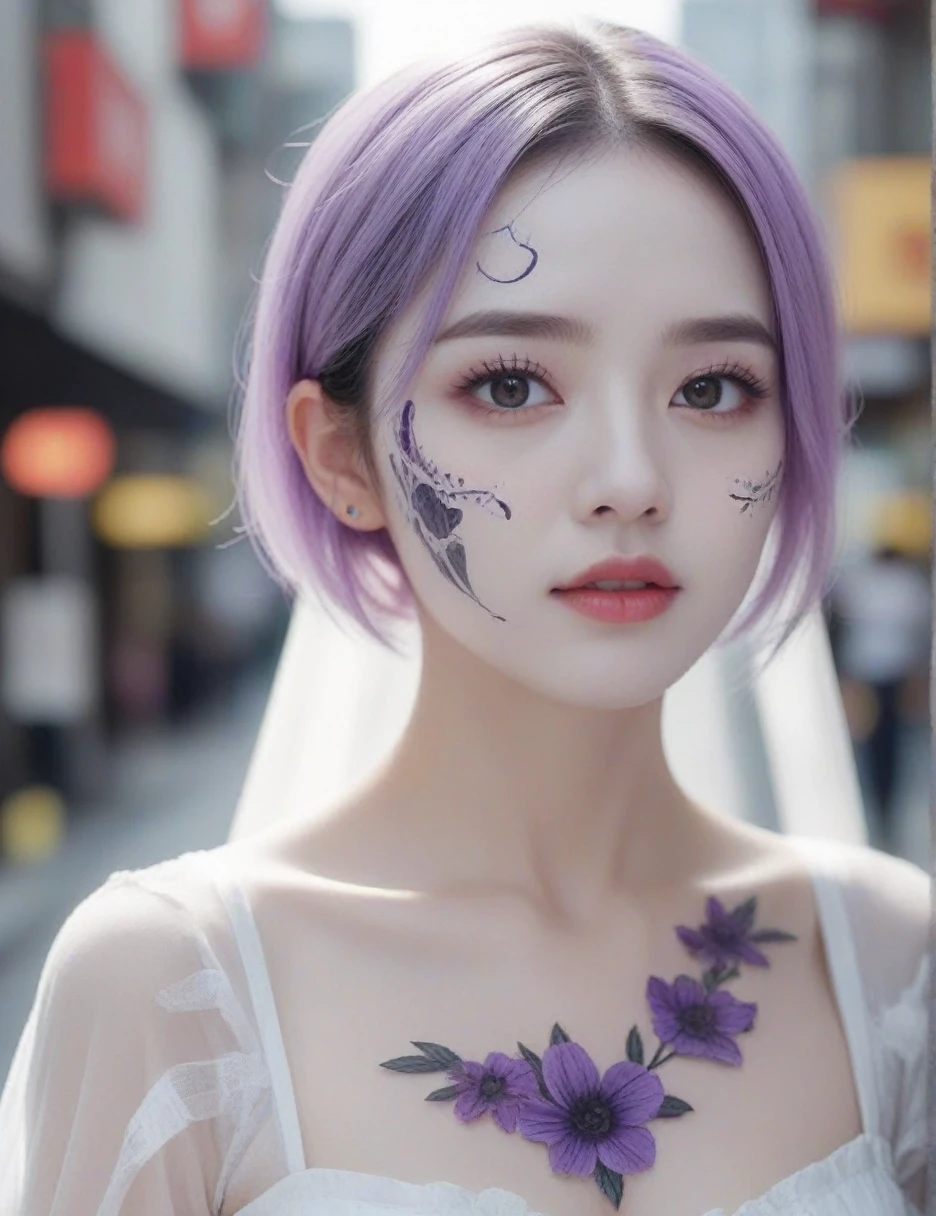 (best quality, 8K, Masterpiece: 1.3)), Sharp focus: 1.2, A beautiful woman with a perfect figure. Highly detailed facial and skin textures, Detailed eyes, Double eyelids, smile, look at viewer, purple short hair, upper body, put on makeup, blurry background, white skin, Face Paint, white skin, Black Wedding Dress, Holding equipment, Zombies, light purple lips, __background__ Full of busy people