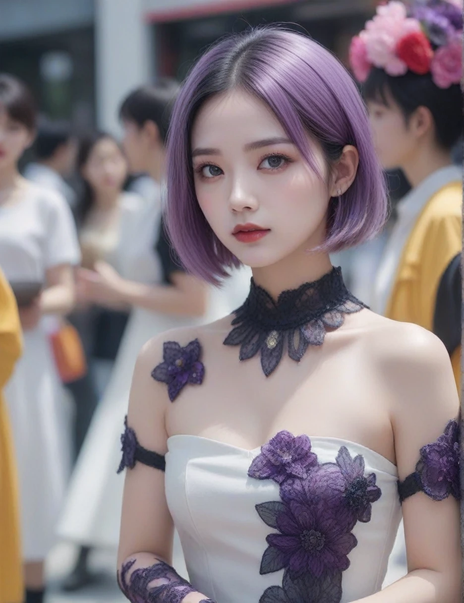 (best quality, 8K, Masterpiece: 1.3)), Sharp focus: 1.2, A beautiful woman with a perfect figure. Highly detailed facial and skin textures, Detailed eyes, Double eyelids, smile, look at viewer, purple short hair, upper body, put on makeup, blurry background, white skin, Face Paint, white skin, Black Wedding Dress, Holding equipment, Zombies, light purple lips, __background__ Full of busy people