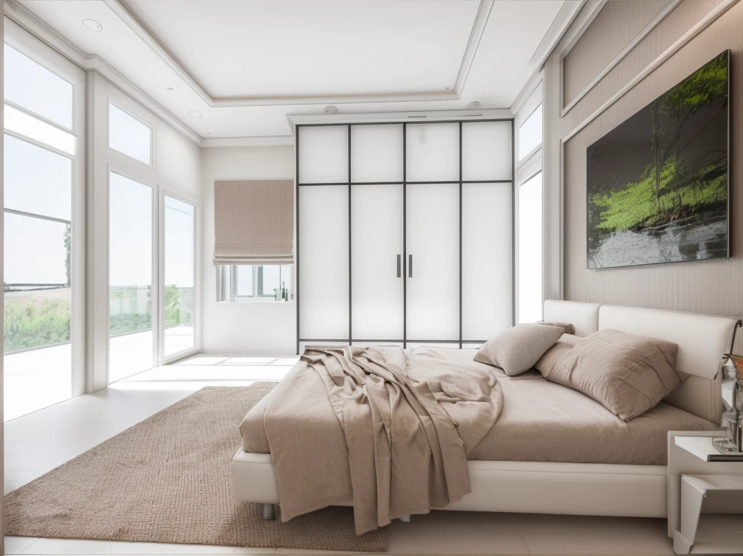 The bedroom has 1 modern bed, gray painted walls, 1 window curtain, circular bedside decorative painting, 1 plush carpet, 1 dressing table, luxurious colors, tiled floor