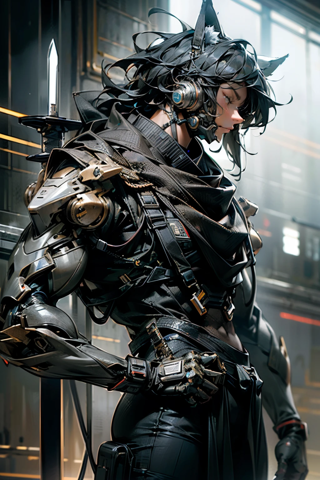 ((Ultra HD)), ((Detailed depiction)),A male mecha wearing a wolf mask, Stand Pose, Realistic costumes, Polished, Detailed body, Detailed face, Detailed eyes, Swollen eyes, Highest quality, A High resolution, (reality: 1.4), Forward-facing body, (超reality的な), (High resolution), (8K), (Very detailed), ( Best illustrations), (Fine grain), (Ultra-detailed), Bright lighting, Professional Lighting、cyber punk,The cord is connected to the costume.,Has a big sword,