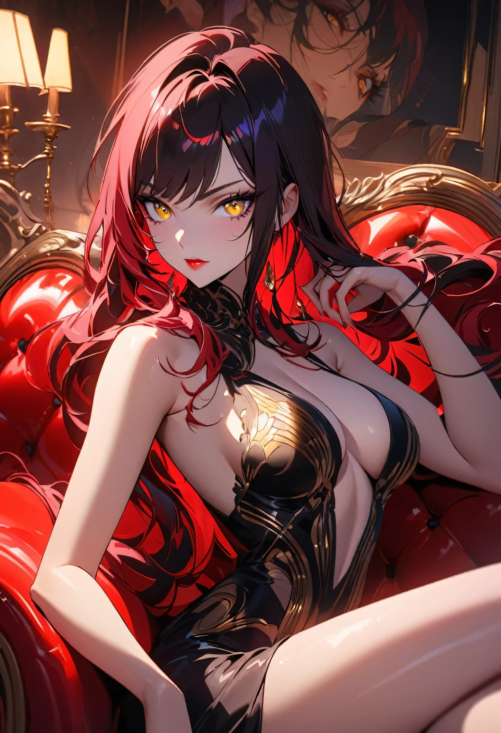 A sultry siren with fiery red locks and captivating yellow eyes lounges seductively on a lustrous crimson couch. This vivid image, reminiscent of a mix between Anime and pulp fiction, is a mesmerizing painting with rich colors and intricate details that exude sensuality and allure. The woman's alluring features are accentuated by her striking pose, drawing viewers in with an irresistible combination of beauty and intrigue.