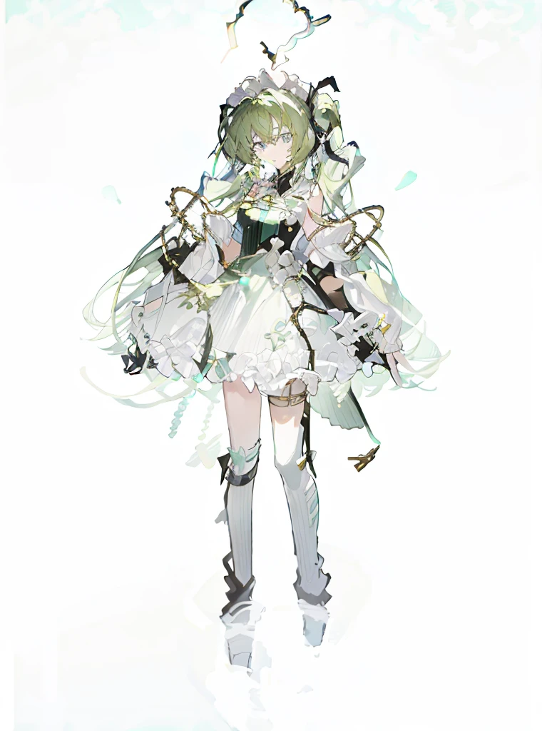 A girl，Standing picture，whole body，Character Design，Bow ruffles，Green Hair，Green Hair，curls，Dissemination