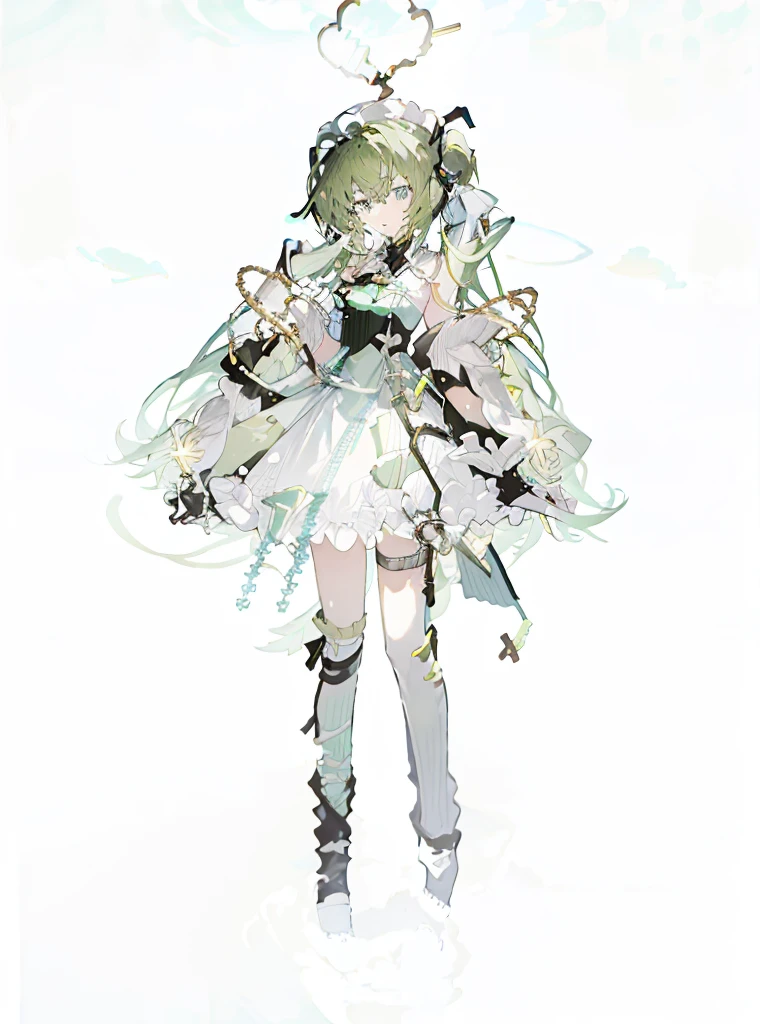 A girl，Standing picture，whole body，Character Design，Bow ruffles，Green Hair，Green Hair，curls，Dissemination