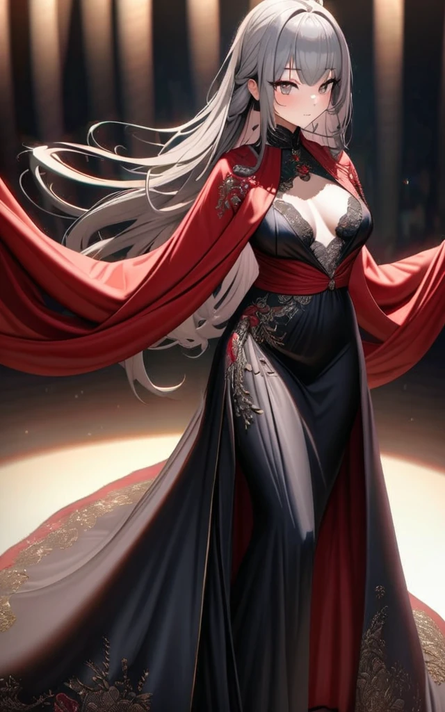 Highest quality, Incredibly absurd, Very detailed, 2.5D, delicate and dynamic, Beautiful woman, Tied up gray hair, Gorgeous and attractive black evening dress, Red line, Shiny satin fabric, race, embroidery, Robe, shawl, accessories, Captivating look, Best body shape, Gorgeous and luxurious effects, Background aristocratic society