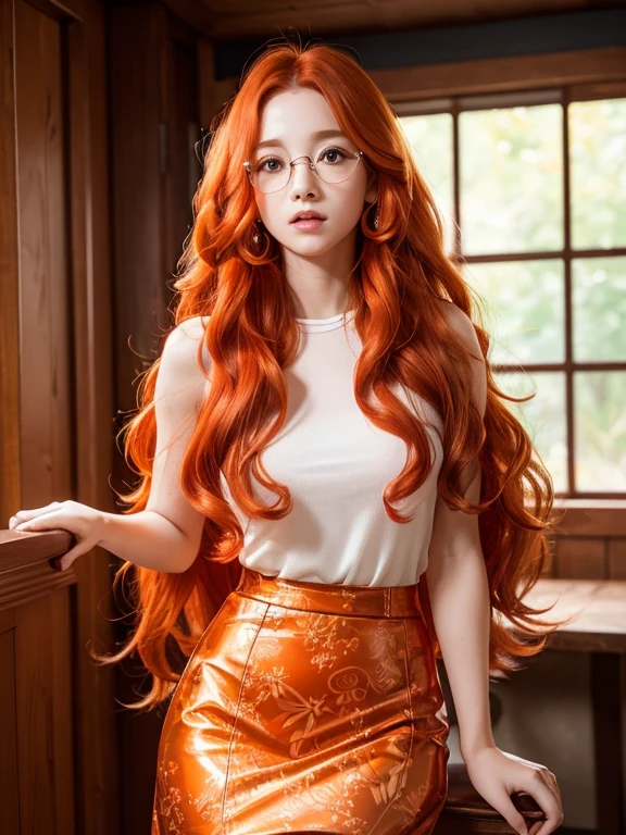 (Masterpiece:1.3)、(8K、Realistic photos、RAW shooting、Highest quality: 1.4)、absolutely correct、textured skin、((((1 girl、alone))))、((Shoot for one person only.))、beautiful face、(realistic face)、Red-haired girl with wavy ginger hair, flowing red hair, Red hair and attractive features, long wavy orange hair, long orange hair, wild red hair, copper curly hair, Orange peel and long shiny hair., Amaranthus, red hair, orange hair, red head, she has long redorange hair, red hairหยิก, Clear, smooth face, clear glasses, perfect proportions. Floral skirt set in black and orange tones