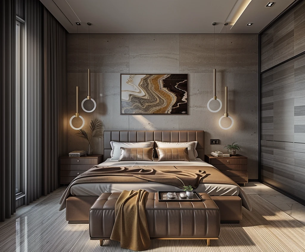 modern bedroom, (supper detail:1.2), brown luxury bed, combo tropical style poter on the wall, marble floor, 1 big abtract poster on the wall, warm light