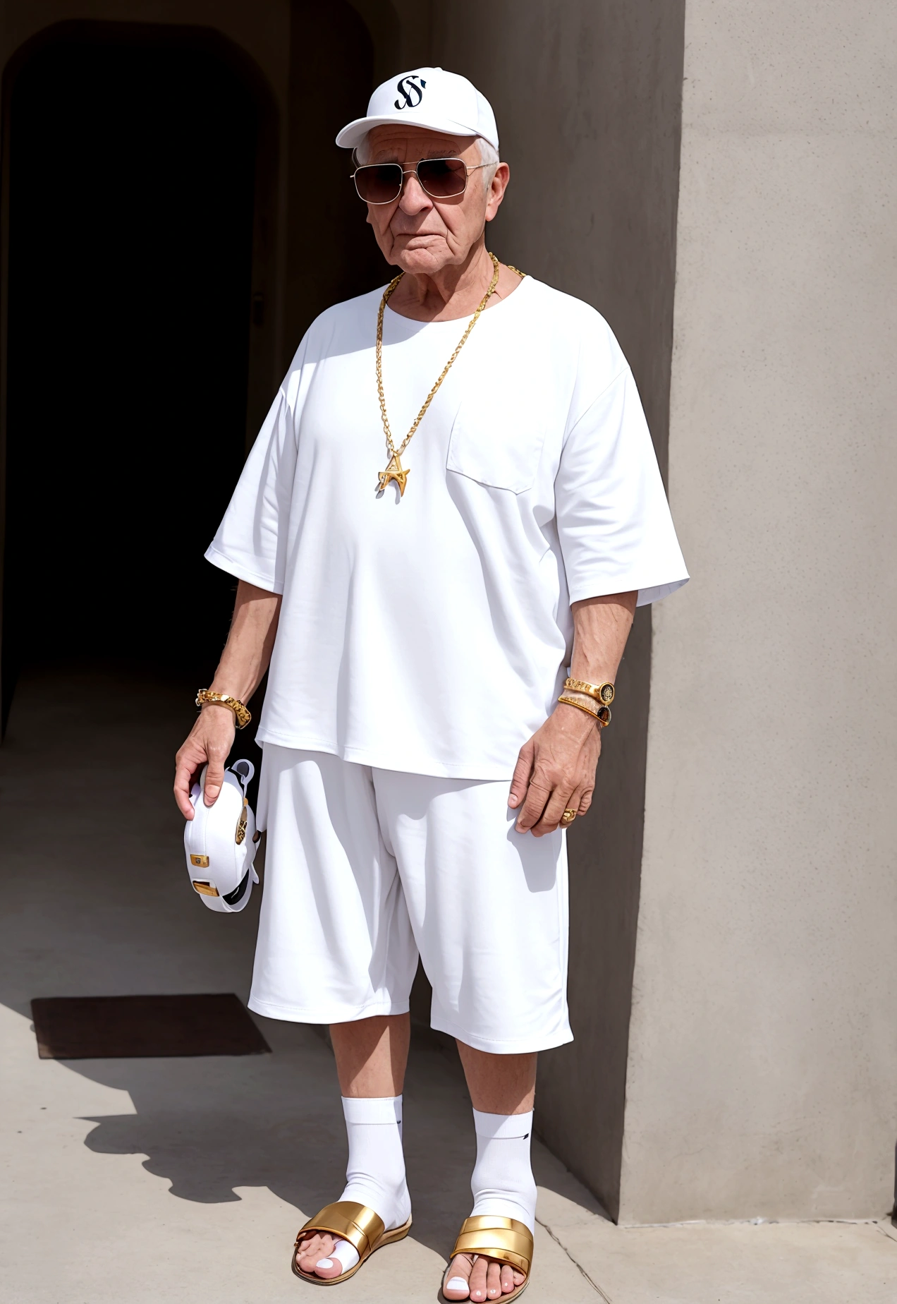 an old cool man in white socks in sandals, Make sure that the whole foot is covered with white socks and no skin is visible, Sunglasses on, snapback cap, cooles Outfit, Gold chain, 5 fingers on each hand, photrealistic, 8K