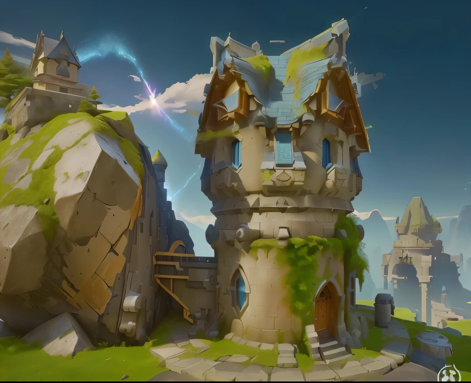 (turret), Top-centered, no background needed, Overwatch style, lol 게임의 turret,stone material, fantasy, Middle Ages, A big lump, no roof,Vegetation is also low, Moss green, low saturation, low green saturation, Emphasis on moss clumps