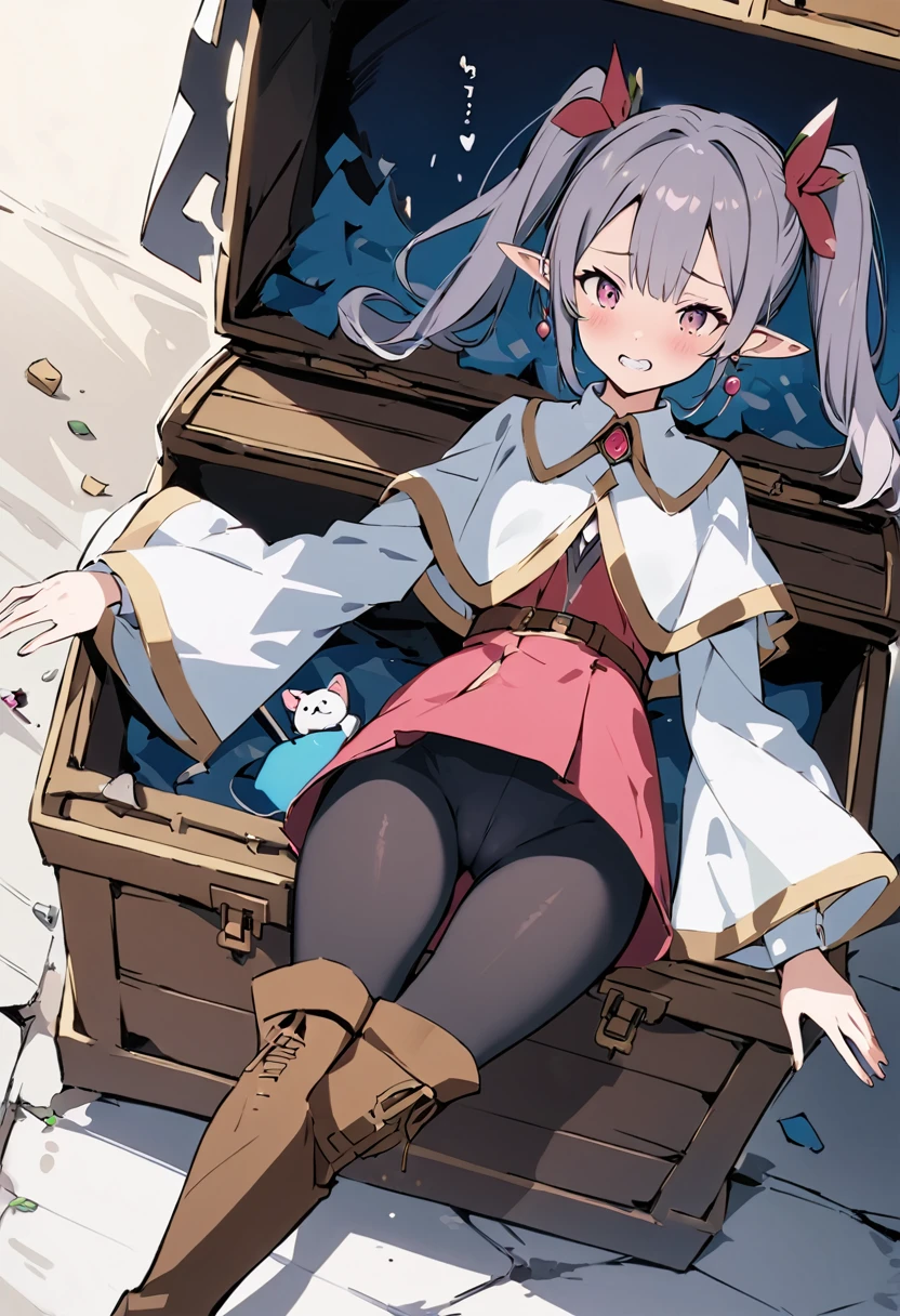 masterpiece, Highest quality, Illustration of the novel, High resolution, 18+ Adult content, Sensual, Intimate, Emotional, Passionate, romantic, sweet, Adorable, Innocent, Pure, Charmな, Charmな, Charm, mysterious, Charmな, Charmな, Immersive, Charmな, dream-like, Surreal, Imaginative, Whimsical, Artistic, Avant-garde, timeless, elegant, Sophisticated, chic, Sophisticated, personality, original, Charmな氷結, Pointed Ears, One girl, Twin tails, Gray Hair, alone, Black pantyhose tearing, boots, Brown footwear, Capelet, knee boots, Magic wand, white Capelet, White jacket, Breaking, teeth, teeth focus, Camel Toe, From behind, ((Mimic Chest:1.3))Destroy,,Face Focus