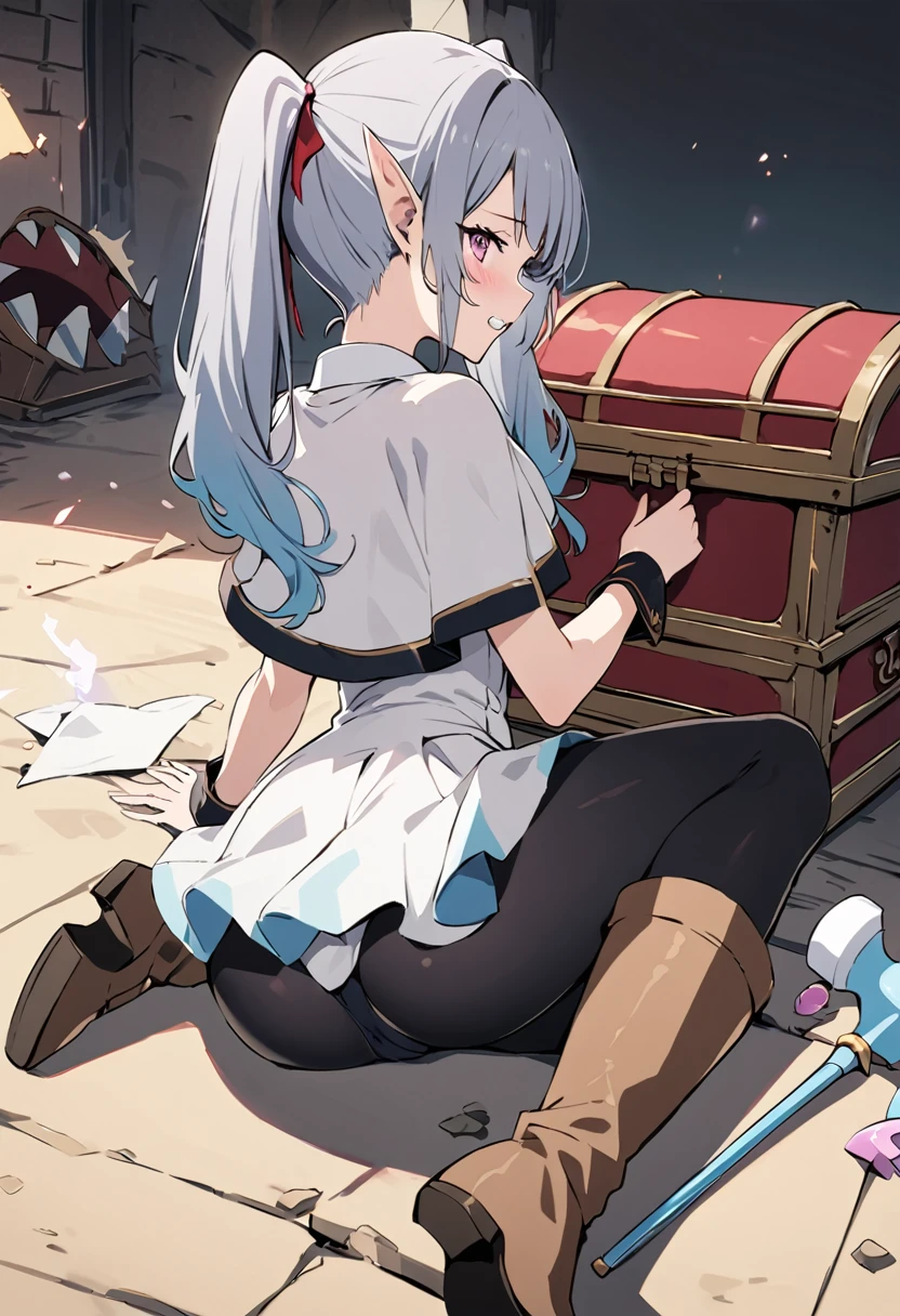 masterpiece, Highest quality, Illustration of the novel, High resolution, 18+ Adult content, Sensual, Intimate, Emotional, Passionate, romantic, sweet, Adorable, Innocent, Pure, Charmな, Charmな, Charm, mysterious, Charmな, Charmな, Immersive, Charmな, dream-like, Surreal, Imaginative, Whimsical, Artistic, Avant-garde, timeless, elegant, Sophisticated, chic, Sophisticated, personality, original, Charmな氷結, Pointed Ears, One girl, Twin tails, Gray Hair, alone, Black pantyhose tearing, boots, Brown footwear, Capelet, knee boots, Magic wand, white Capelet, White jacket, Breaking, teeth, teeth focus, Camel Toe, From behind, ((Mimic Chest:1.3))Destroy,,Face Focus