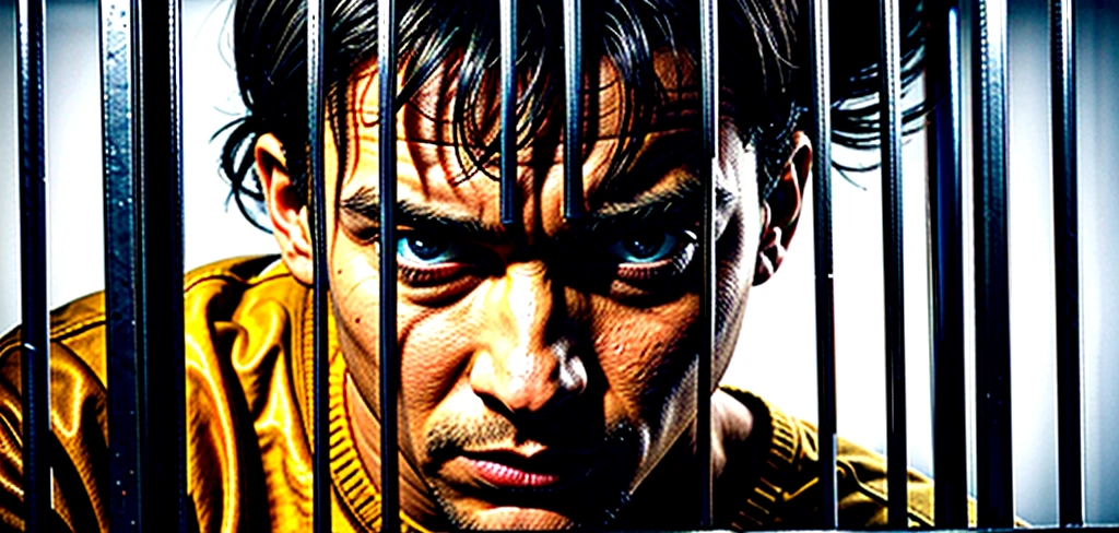 a sad prisoner looks out of his cell through metal bars with his hands on the bars, 4K, ultra HD, artwork