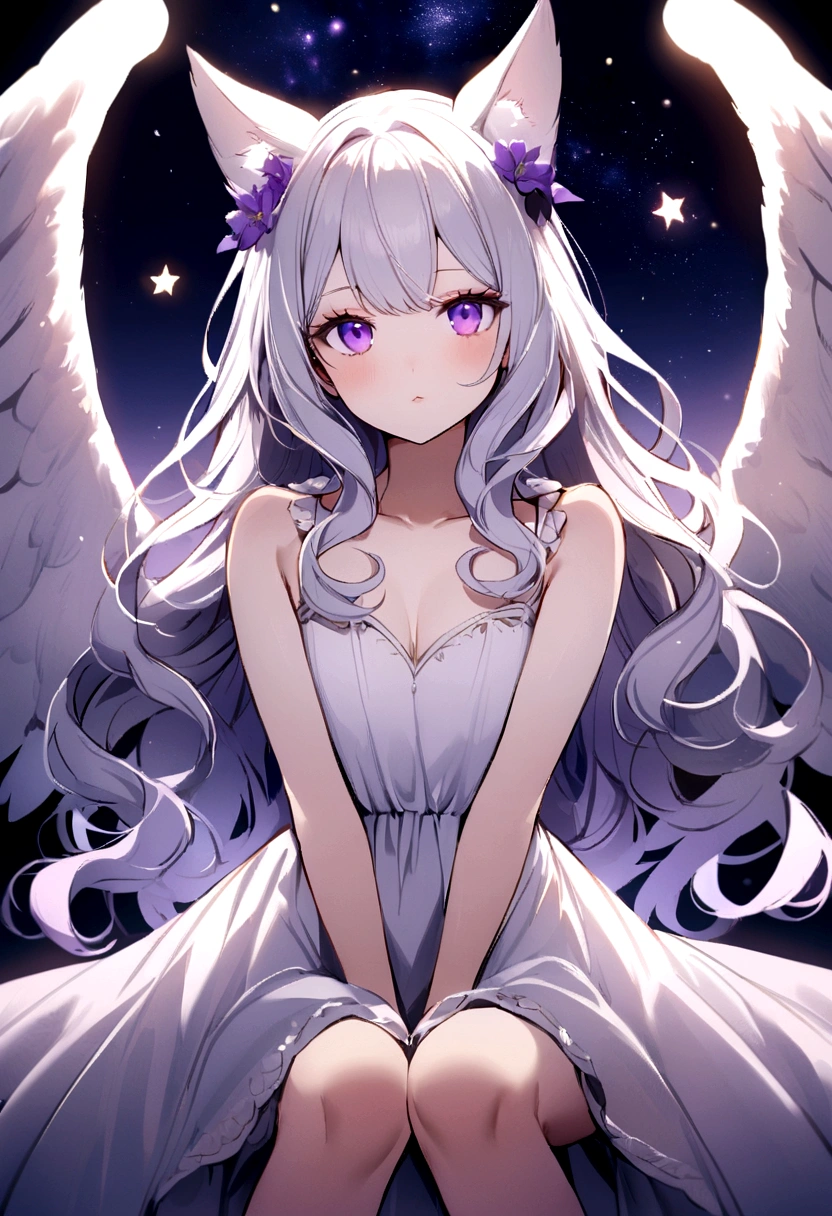 Like a watercolor,View from chest up,A delicate and elegant girl, Long wavy hair that reaches the knees,White hair is very attractive, Detailed and precise manual work, Attractive girl, White cat ears, look at me, Purple eyes and white eyelashes,Her cheeks turned red,Big angel wings, A subject that stands out against the dark night sky,Girl surrounded by purple flowers, White Dress, Dramatic moonlight that makes your subject stand out,star,惑star,,floating、Night Sky Girl。