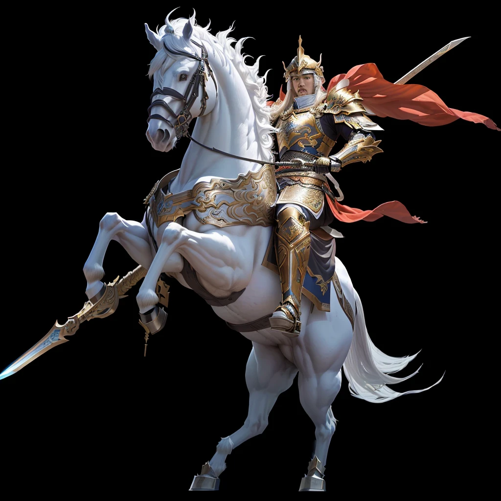 Araf White Horse，There is a man riding on it, zhao yun, heise jinyao, Horse Warrior, xianxia hero, guan yu, Keqing from genshin impact, 《Genshin Impact》Zhongli, Gold Paladin, author：Yang J, Knight carrying a great sword, Krenz Kushat and Lin Wenjun