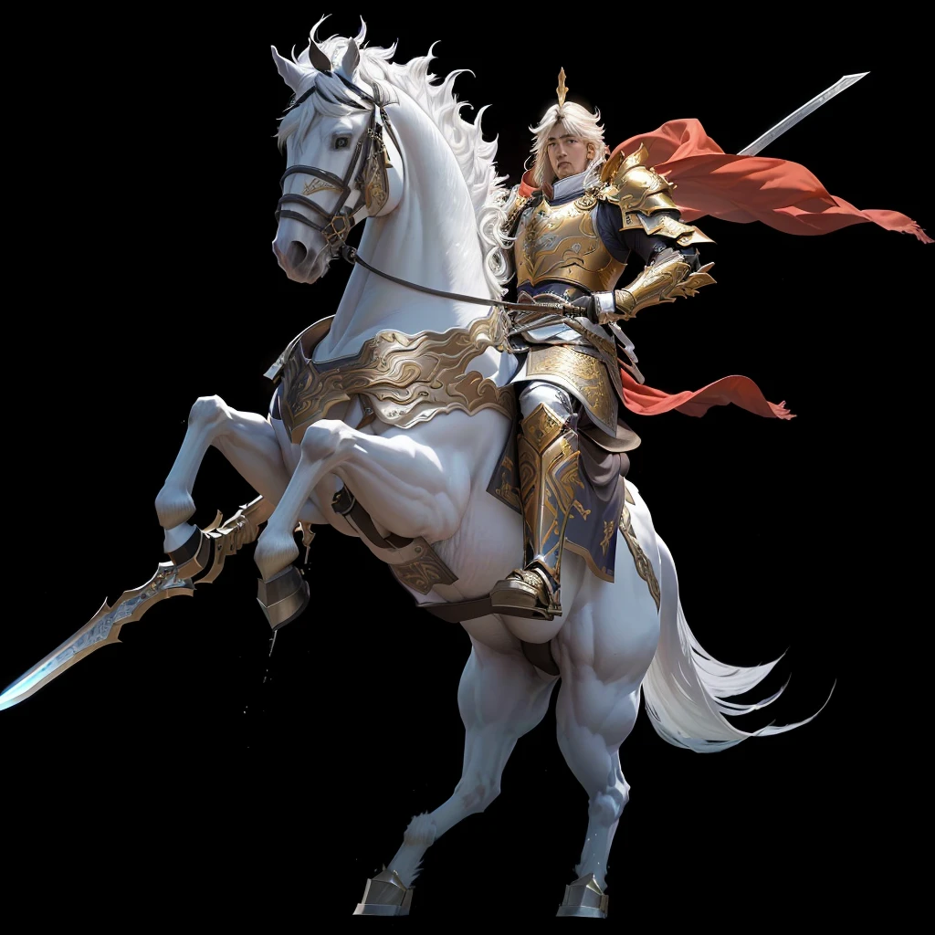 Araf White Horse，There is a man riding on it, zhao yun, heise jinyao, Horse Warrior, xianxia hero, guan yu, Keqing from genshin impact, 《Genshin Impact》Zhongli, Gold Paladin, author：Yang J, Knight carrying a great sword, Krenz Kushat and Lin Wenjun