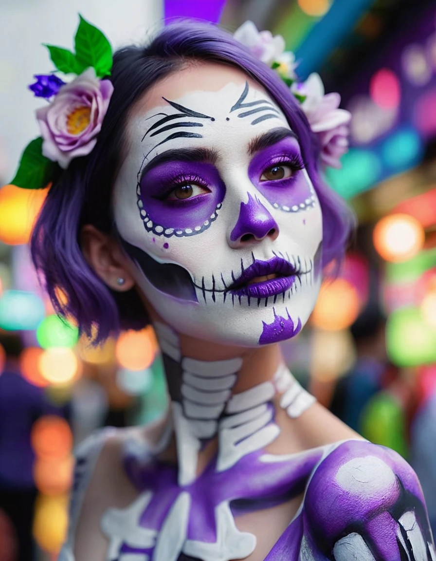 (best quality, 8K, Masterpiece: 1.3)), Sharp focus: 1.2, A beautiful woman with a perfect figure. Highly detailed facial and skin textures, Detailed eyes, Double eyelids, smile, look at viewer, purple short hair, upper body, put on makeup, blurry background, white skin, Face Paint, white skin, Black Wedding Dress, Holding equipment, Zombies, light purple lips, __background__ Full of busy people