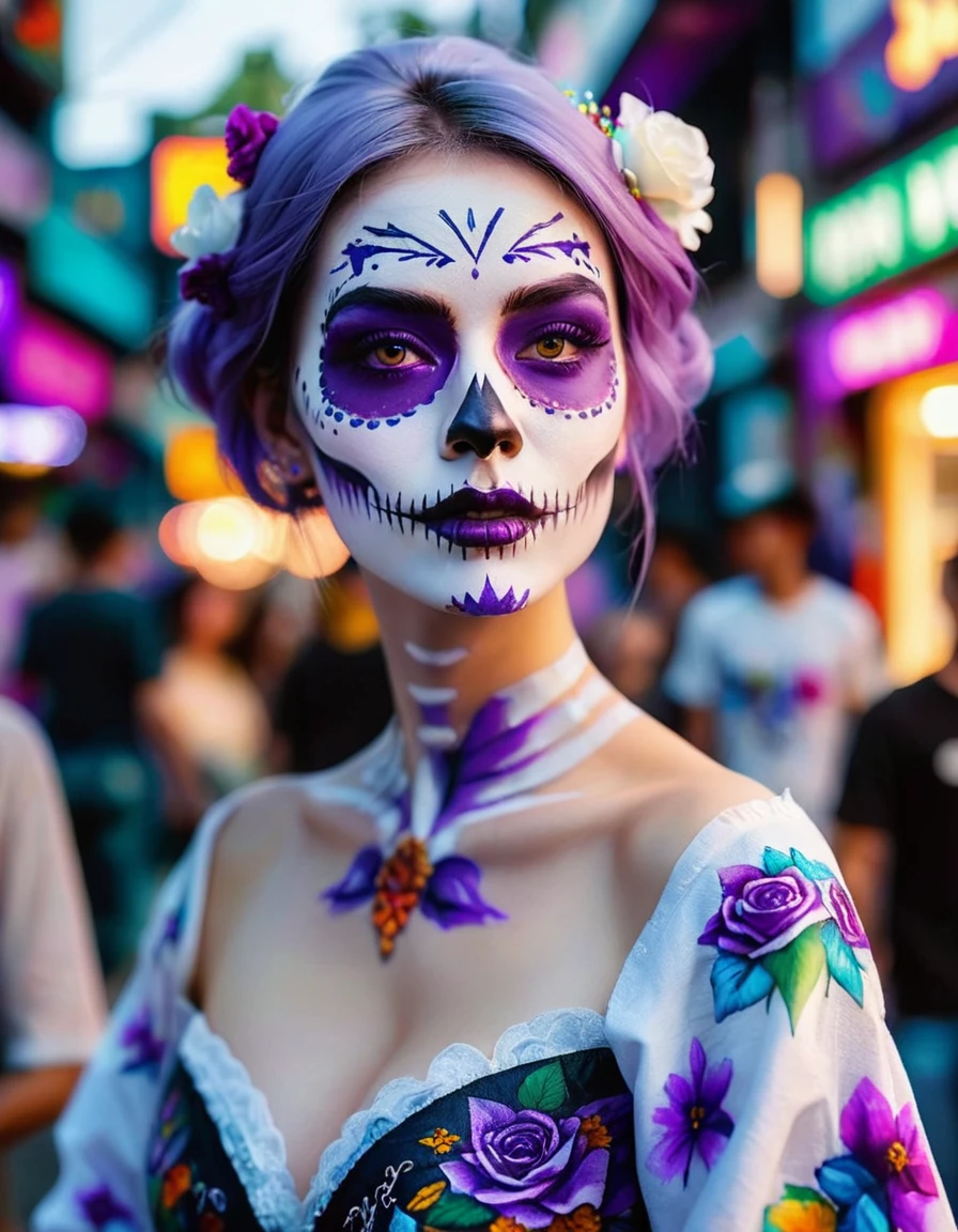 (best quality, 8K, Masterpiece: 1.3)), Sharp focus: 1.2, A beautiful woman with a perfect figure. Highly detailed facial and skin textures, Detailed eyes, Double eyelids, smile, look at viewer, purple short hair, upper body, put on makeup, blurry background, white skin, Face Paint, white skin, Black Wedding Dress, Holding equipment, Zombies, light purple lips, __background__ Full of busy people