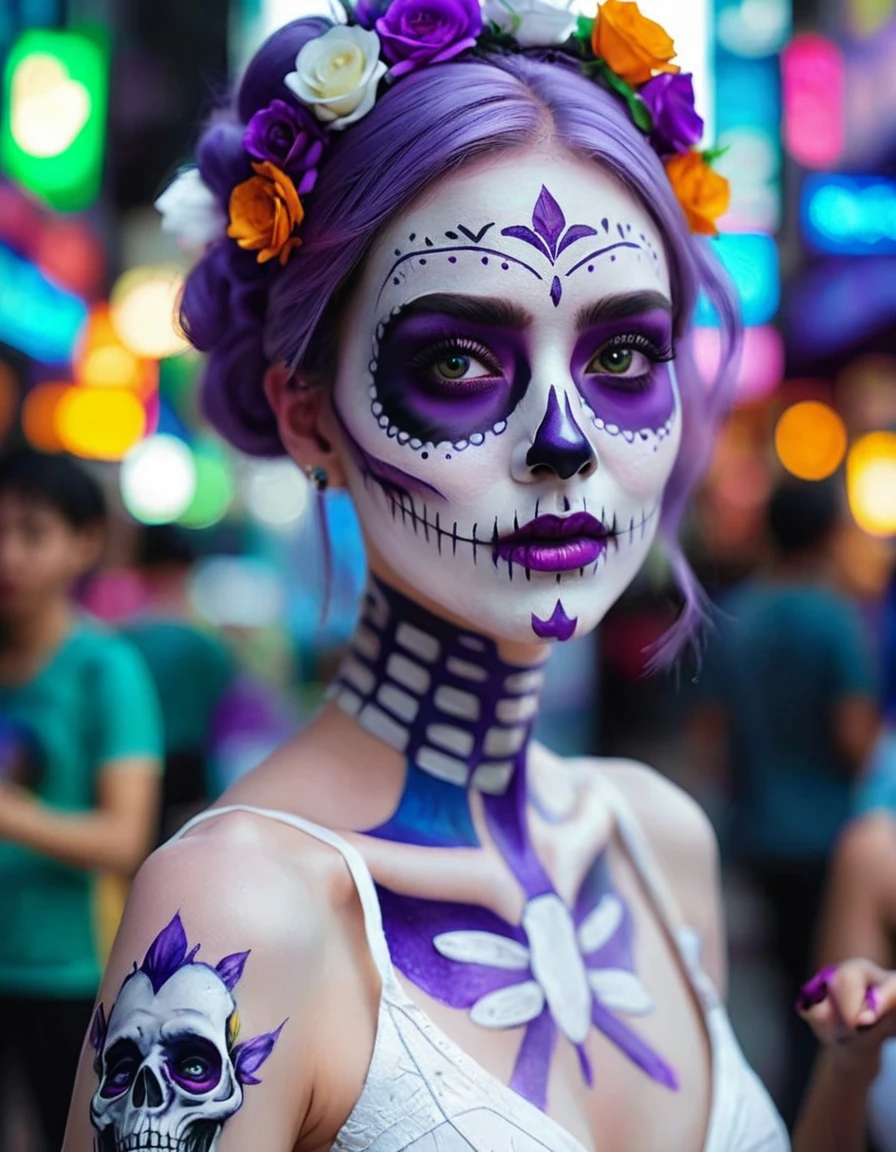 (best quality, 8K, Masterpiece: 1.3)), Sharp focus: 1.2, A beautiful woman with a perfect figure. Highly detailed facial and skin textures, Detailed eyes, Double eyelids, smile, look at viewer, purple short hair, upper body, put on makeup, blurry background, white skin, Face Paint, white skin, Black Wedding Dress, Holding equipment, Zombies, light purple lips, __background__ Full of busy people