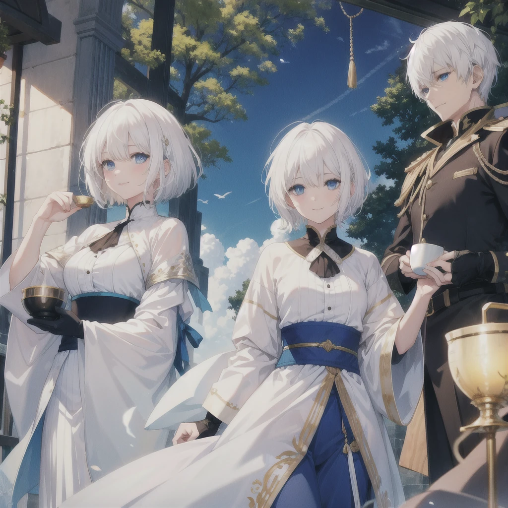 (((White Hair Short Hair blue eyes noble))) ((Noble clothes Drinking tea)) (smile) Shining Edge
