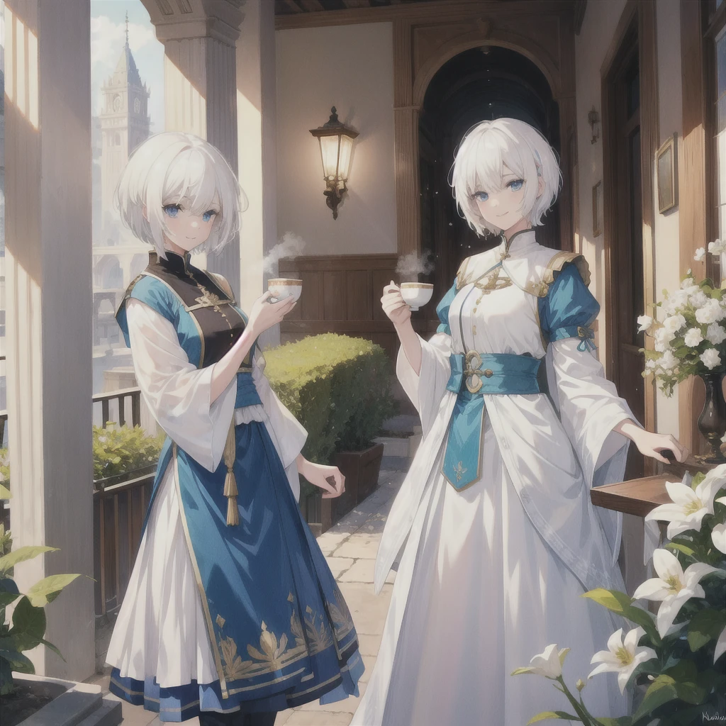 (((White Hair Short Hair blue eyes noble))) ((Noble clothes Drinking tea)) (smile) Shining Edge