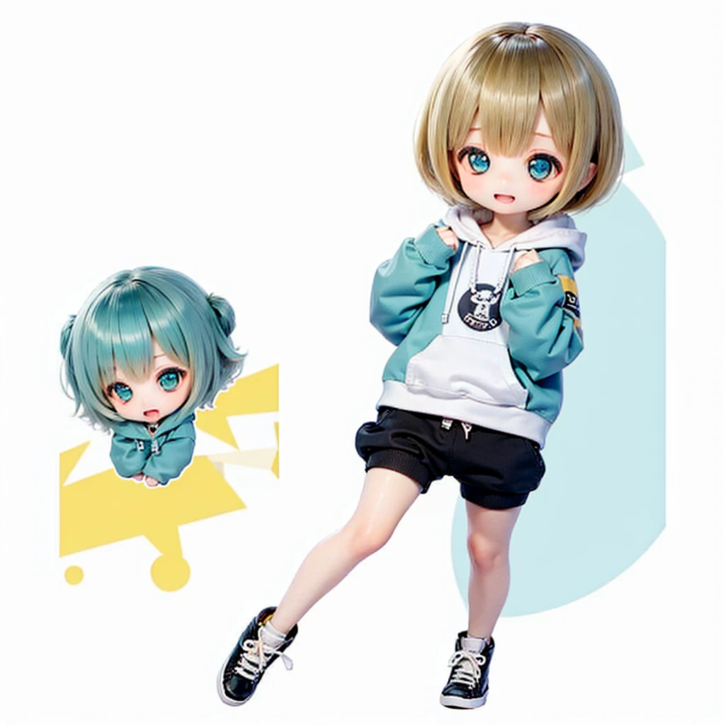 Momoko Sakura style, Kawaii Design, (((Many people々)))、The most beautiful girl of all time、Little, Blonde Hair、Short Mash Hair、The front hair is even、Turquoise Eyes、White hoodie、Black hot pants、Black sneakers、He has food stuffed in his cheeks and looks happy.、breast enhancement、I puff out my cheeks