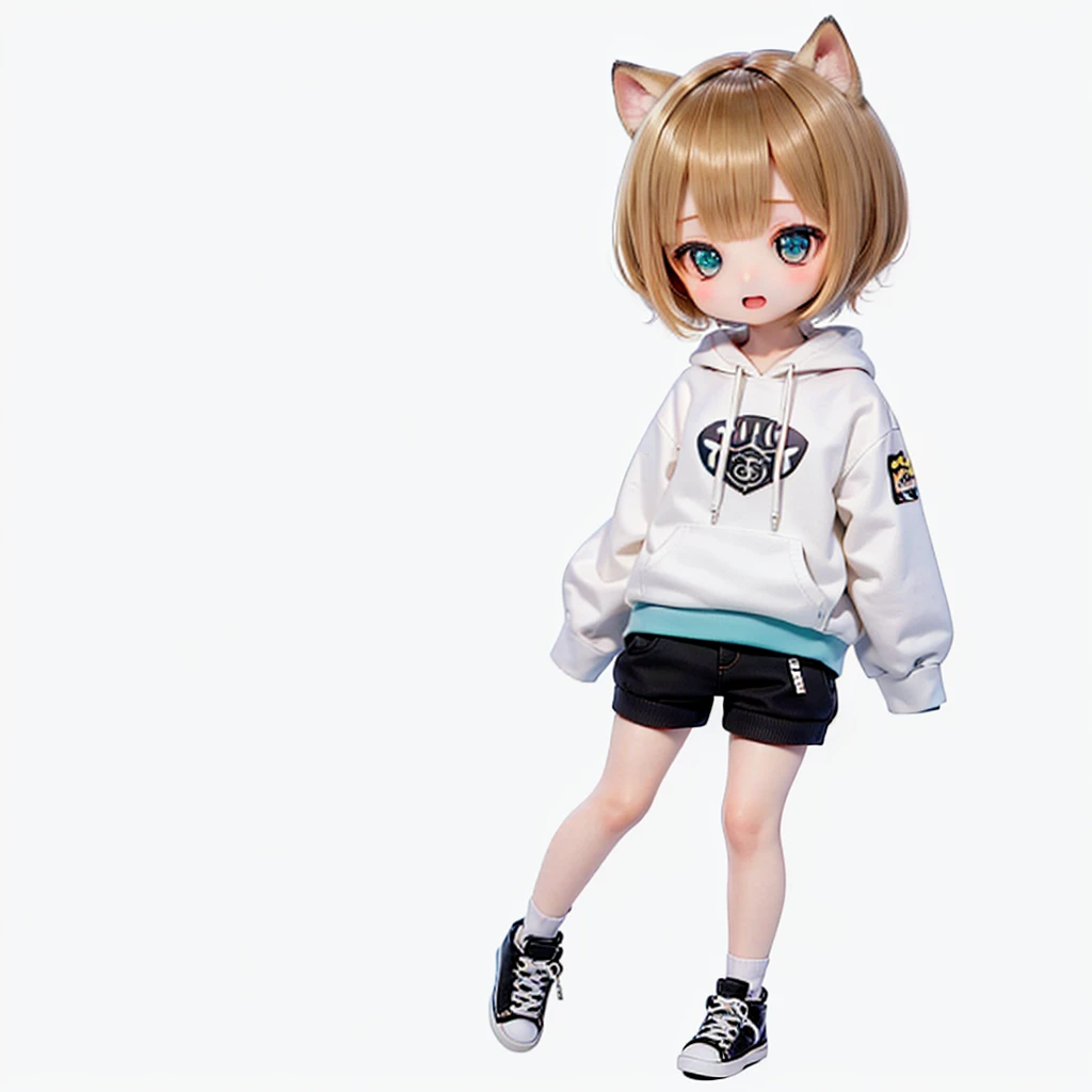 
Shiba Inu Girl Chibi Run、delicate、detailed、high quality、high resolution、４K、high quality、Short Mash Hair、Short Hair、Blonde Hair Color、Turquoise Eyes、White hoodie、Black hot pants、Black sneakers、