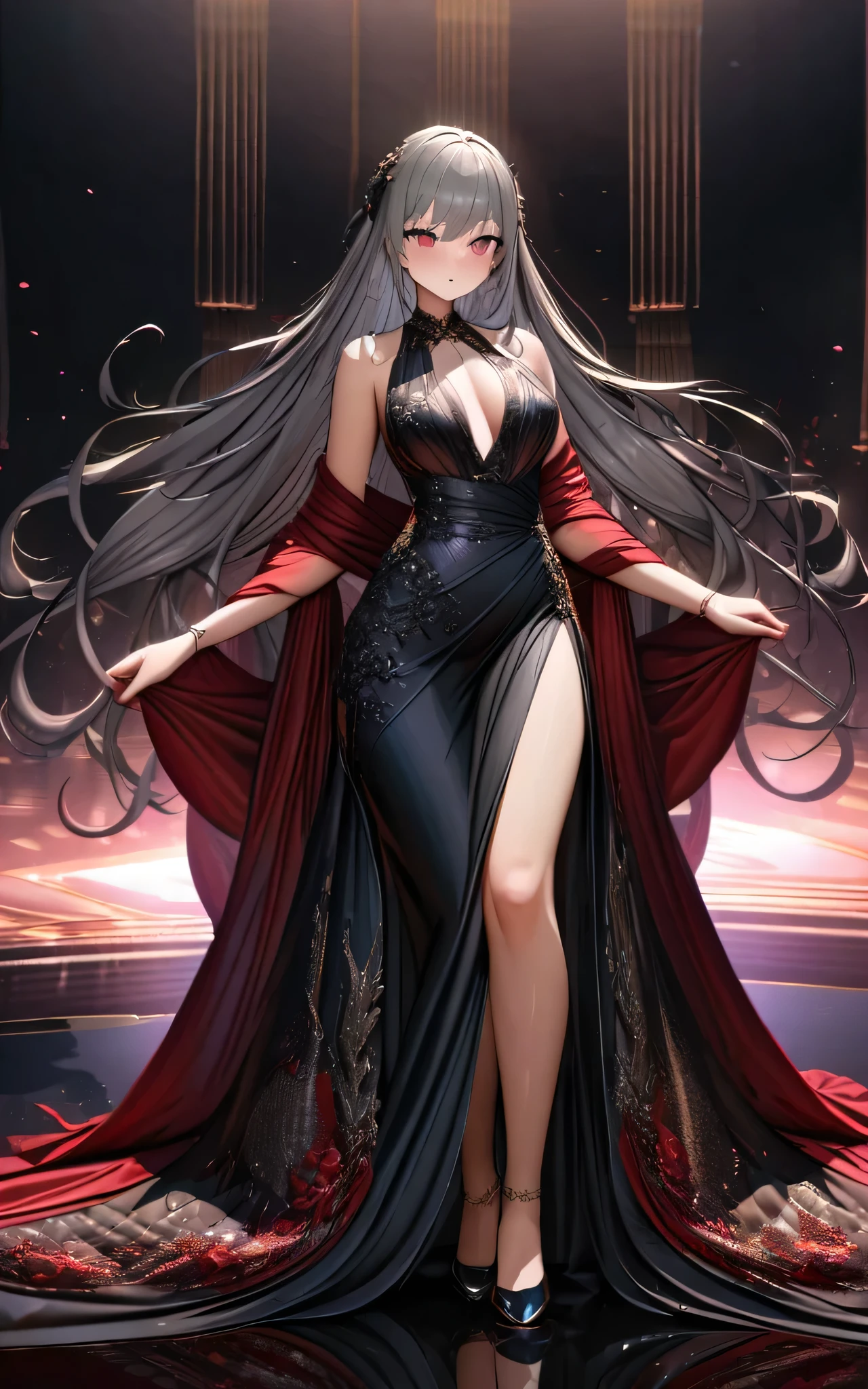 Highest quality, Incredibly absurd, Very detailed, 2.5D, delicate and dynamic, Beautiful woman, Tied up gray hair, Gorgeous and attractive black evening dress, Red line, Shiny satin fabric, race, embroidery, Robe, shawl, accessories, Captivating look, Best body shape, Gorgeous and luxurious effects, Background aristocratic society
