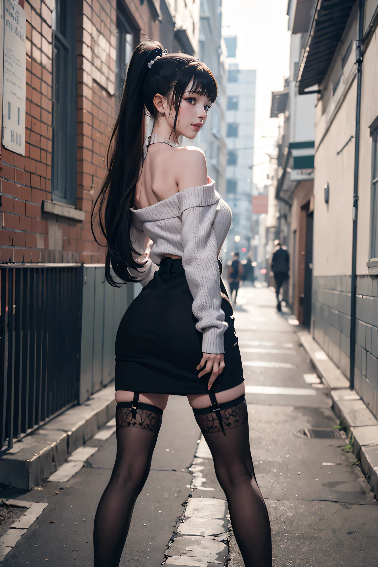 (((nsfw0.8))),Looking into the camera,(((highest quality, 8K, masterpiece))), ponytail,Sharp focus, (Beautiful woman with perfect figure), thin, (Hairstyle: wonderful)), ((Back alley at night)), street: 1.2 Highly detailed face and skin texture Detailed eyes double eyelid random pose, (smile), Realistic Face, double eyelid,smile, cyberpunk city , At sunset , Beautiful Teeth , Thigh straps, Wear a leather jacket、Off-the-shoulder sweater、Grey vertical rib sweater dress、Fishnet tights、garter belt、Night view、Full Body Shot, Centered,