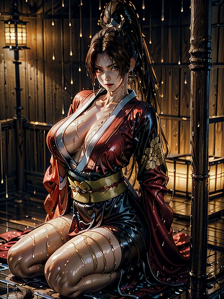 (exquisitely detailed CG unity 8k wallpaper, masterpiece-quality with stunning realism), (best illumination, best shadow), (best quality), (elegant style:1.2), Arti modern anime. angled view, heroic pose, midshot, (cel-shading style:1.3), centered image, ultra detailed closeup portrait of (Mai Shiranui:1) from (King of Fighters), best quality, expressive eyes, perfect face, highres, (ultra details), 1 girl, solo, brown hair, hair ornament, eyeshadow, gold, white and red qipao, highly ornamented, in the city of Japan, portrait, looking at the viewer, piercing eyes, full body, (light from the angle:1) (wind blowing:1.2).(depth of field effects:1.3) (motion action:1.2) (closeup:1.2) (angled closeup photography:1), (motion blur effects:1), wide angles, spreading feet, Thin to transparent,see-through,(((Soggy-kimono:1.2))),Lace fabric, (((water-immersed body: 0.9))),jewelry, relaxing pose, (dress on fire:.7), ((Leaning forward:1))