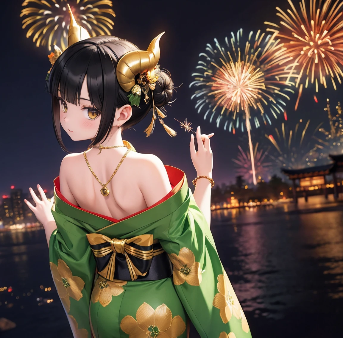 1 person、Green gorgeous kimono、,race,Black Hair、Short bun hair、hair ornaments、necklace、back、Golden devil horns、Anatomically correct,Fireworks in the night sky、