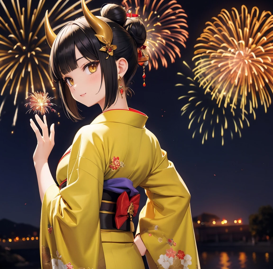 1 person、Green gorgeous kimono、,race,Black Hair、Short bun hair、hair ornaments、necklace、back、Golden devil horns、Anatomically correct,Fireworks in the night sky、