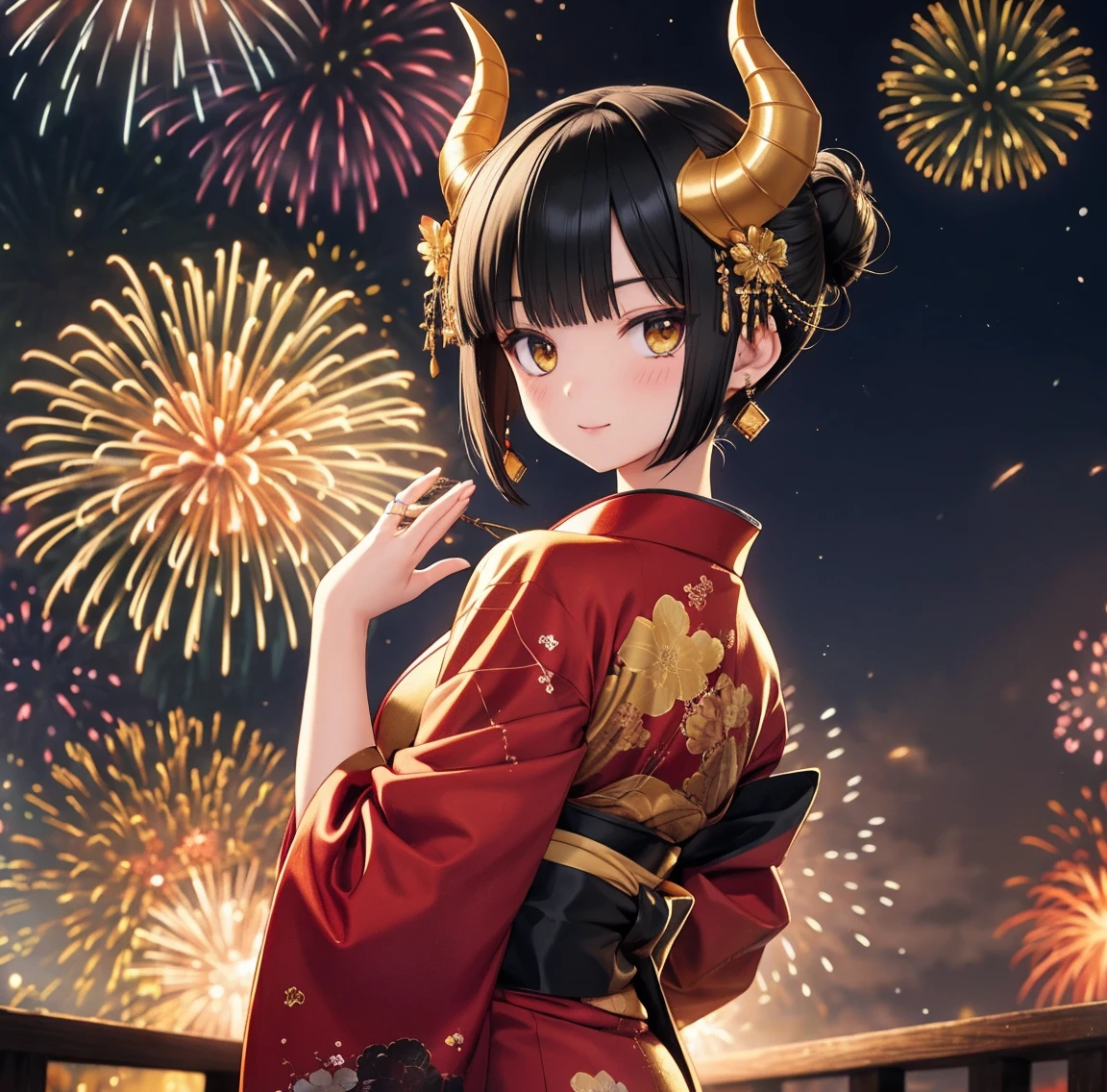 1 person、Green gorgeous kimono、,race,Black Hair、Short bun hair、hair ornaments、necklace、back、Golden devil horns、Anatomically correct,Fireworks in the night sky、