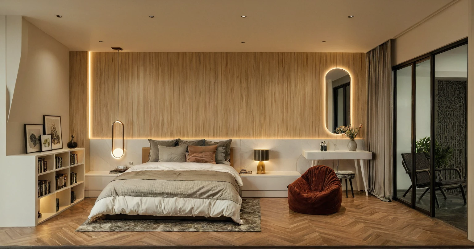 Raw photo,Masterpiece, high quality, best quality, authentic, super detail, interior, indoors, style Indochine modern, minimalist line, aiaigroup , wooden, white veneer wood, led light, white paint wall, sofa, BED RooM, day light,