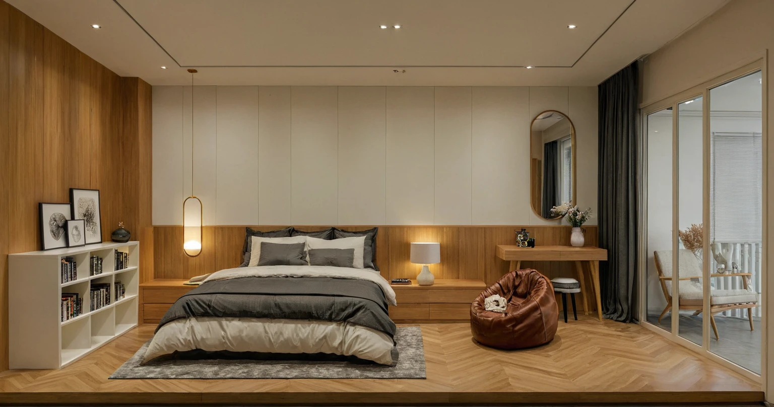 Raw photo,Masterpiece, high quality, best quality, authentic, super detail, interior, indoors, style Indochine modern, minimalist line, aiaigroup , wooden, white veneer wood, led light, white paint wall, sofa, BED RooM, day light,