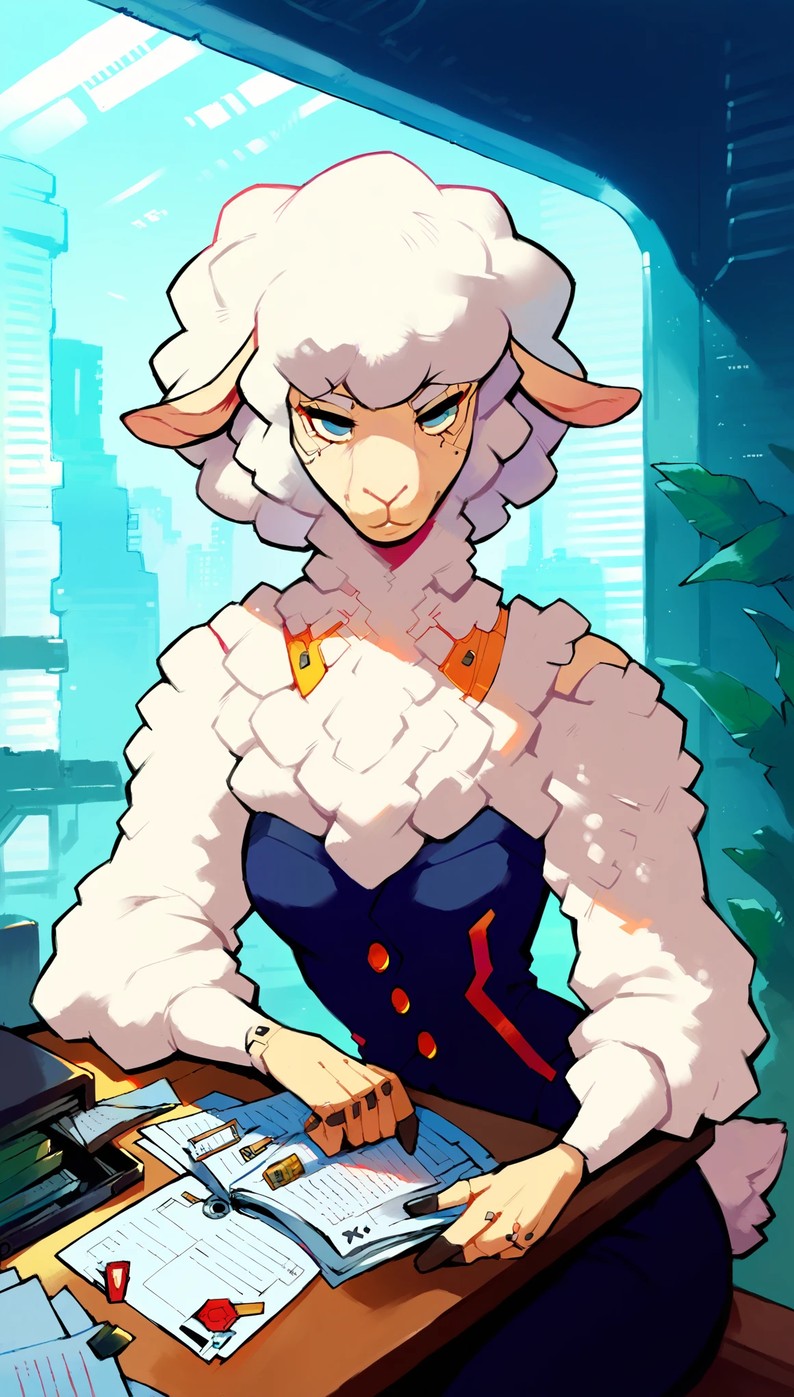 score_9, score_8_up, score_7_up, (cyberpunk city, governments office, work cabinet, windows on background:1.5),
((Sheep:1.2), anthro, solo, female, (portrait, Sitting at the table:1.5), (reading papers:1.2), ((wearing business suit, president)), ((sheep fur)), beautiful, (have cyberpunk-style additions:1.35)