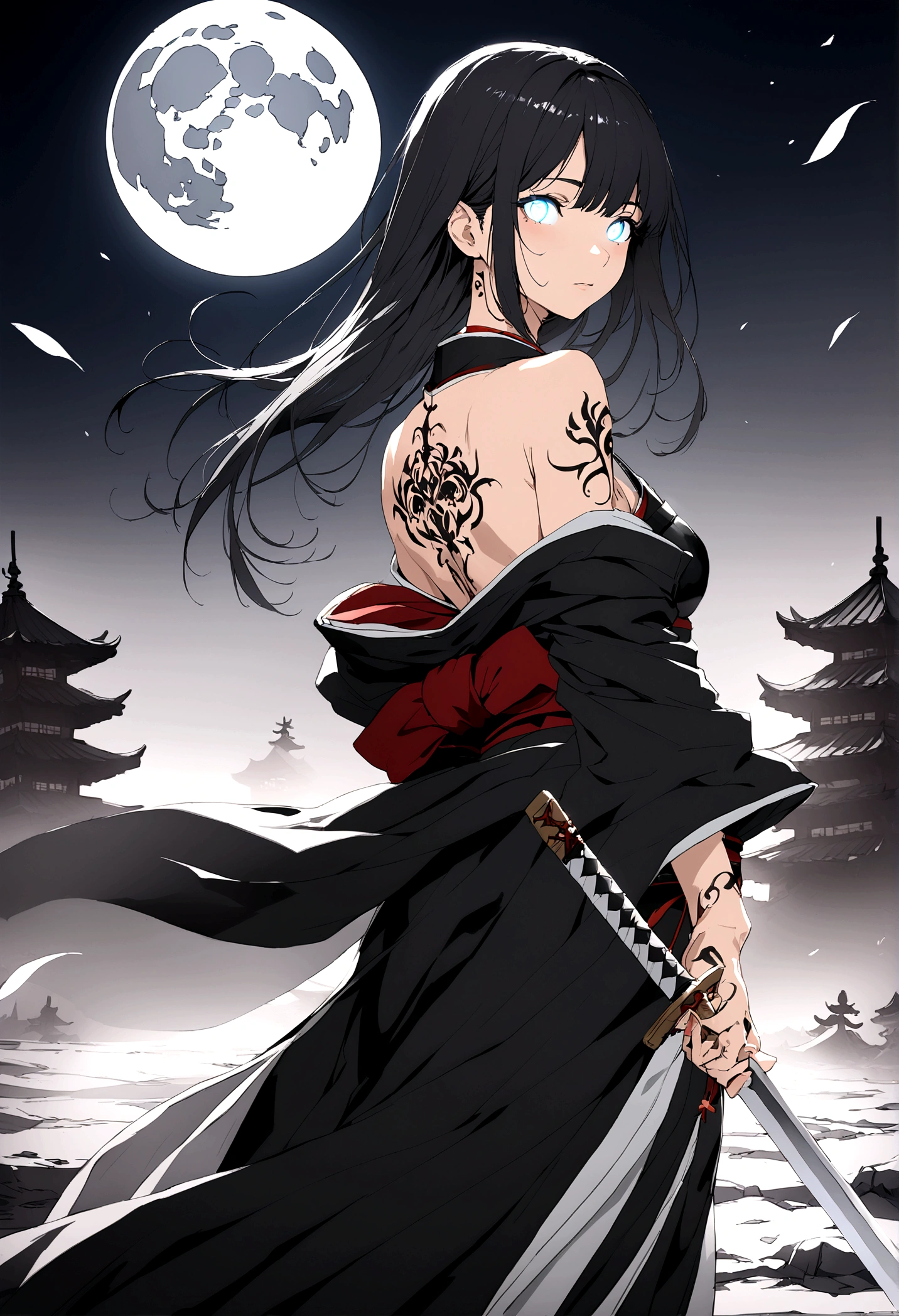 Anime style, Hyakkimaru, long black hair ponytail, smug face, detailed eyes ,medium breasts big cleavage, kimono , holding katana, blood , bleeding , moon background .