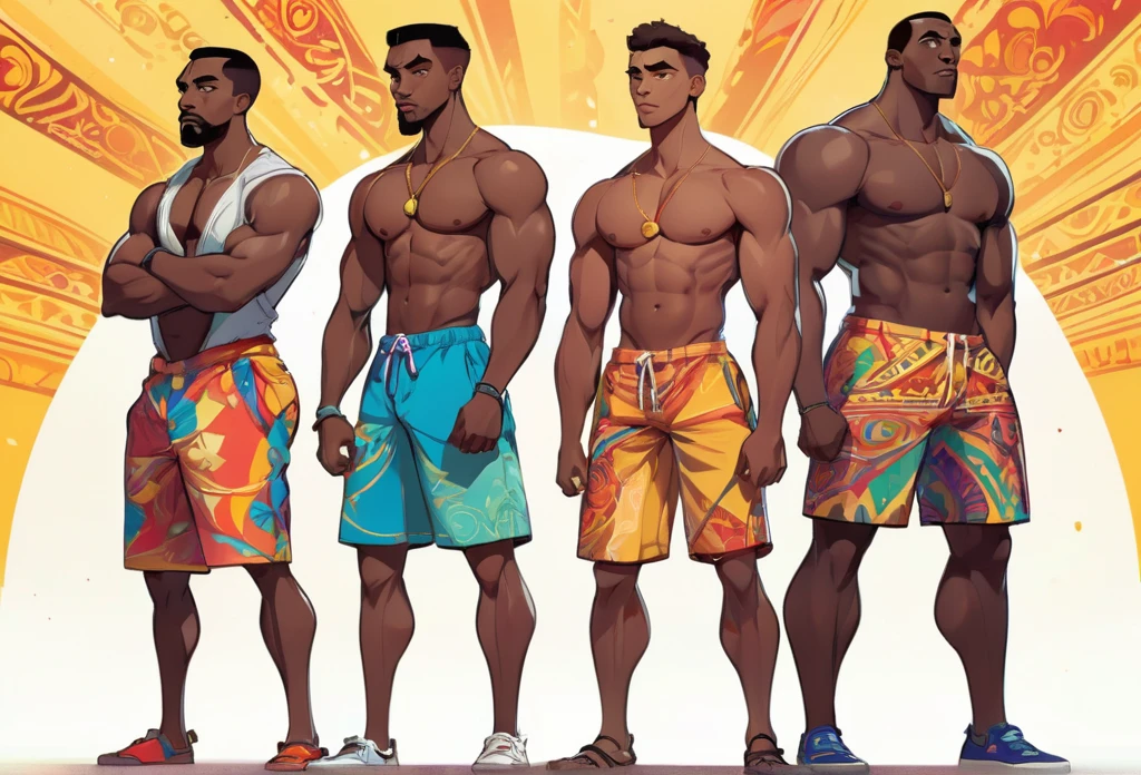 Three men standing, African, wearing only shorts, one is muscular, one is thin, and the third is very thin and weak. Standing away from eachother, No background, detailed illustration, Disney style. Flat colours. colourful. Fair skinned, good details, (masterpiece best quality:1.2) delicate illustration ultra-detailed, (disney-related event) indoor, (classroom), detailed background, illustrations, bright, colourful,