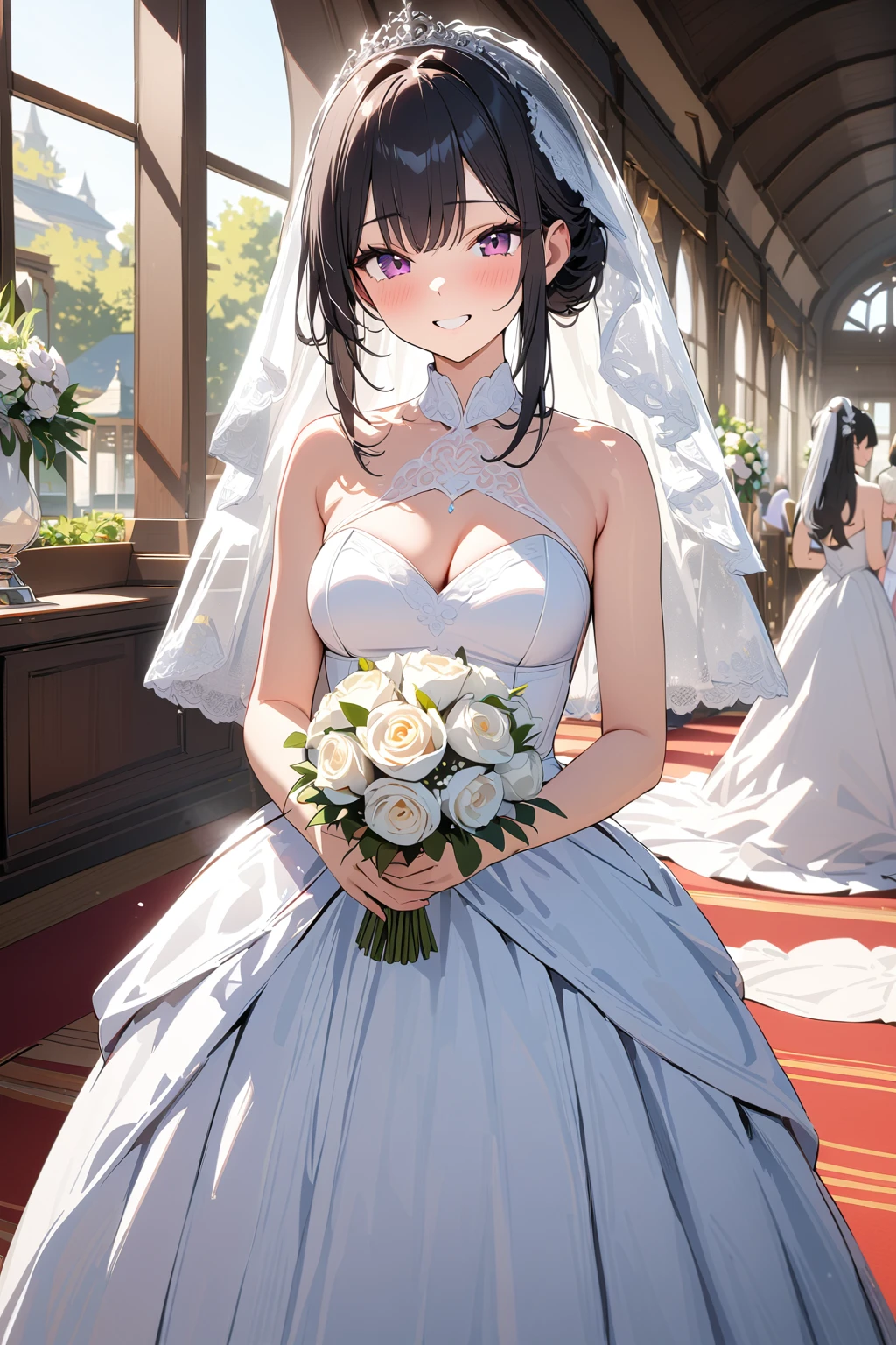 (masterpiece, best quality:1.5), (ultra detailed, high resolution, 8k, beautiful detailed, UHD, best anatomy), 1 cute girl, black hair, medium breasts, wedding dress, bridal veil, flower, wedding hall, Happy face