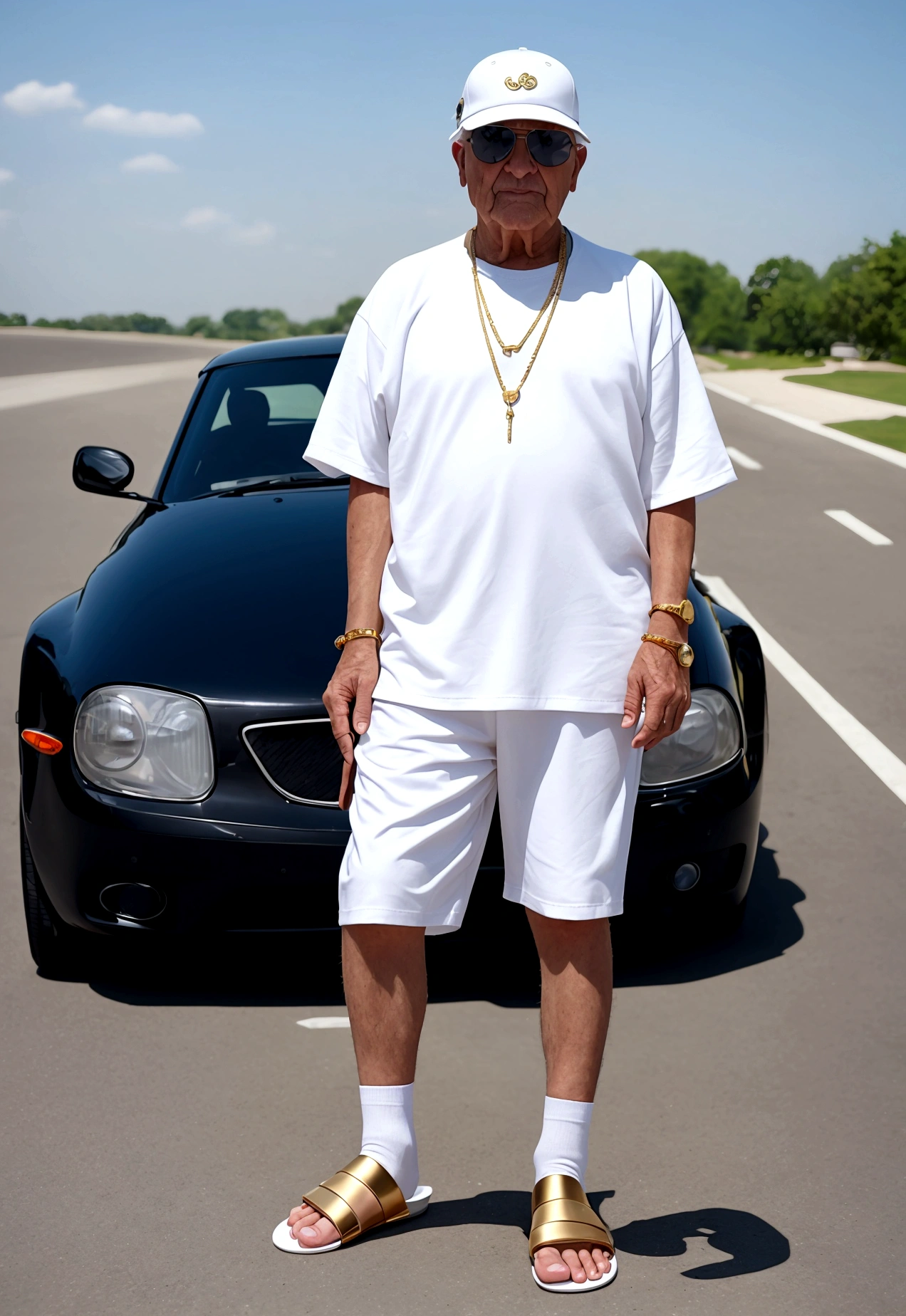 an old cool man in white socks in sandals, Make sure that the whole foot is covered with white socks and no skin is visible, Sunglasses on, snapback cap, cooles Outfit, Gold chain, 5 fingers on each hand, photrealistic, 8K