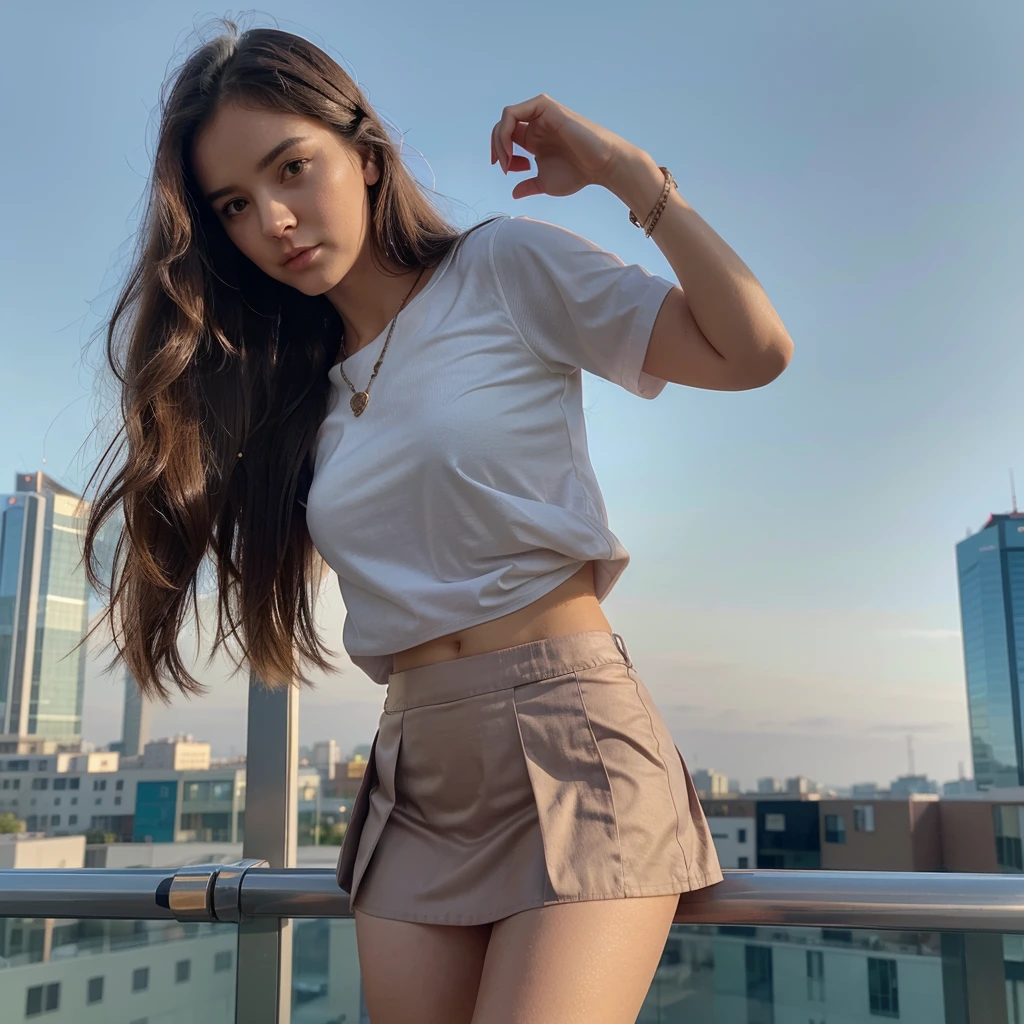 1girl in, 30 years old, Square face, Long hair, Looking at viewer, jewelry, Reality, Sexy, Short skirt outfit, sky background , free pose