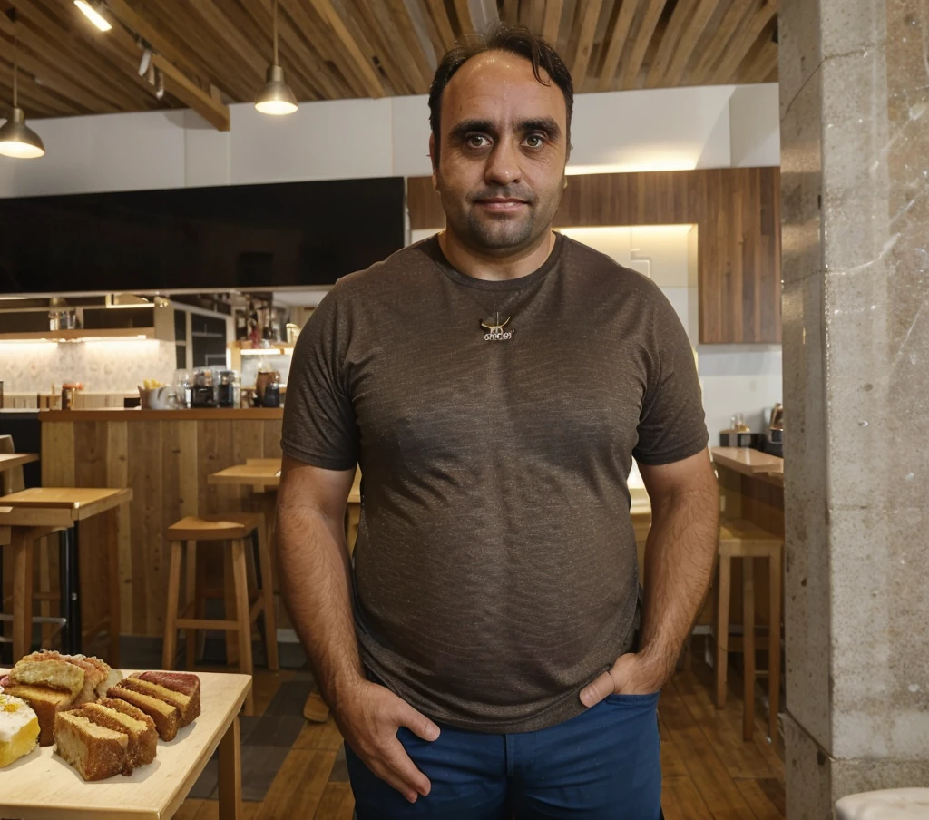 a 40-year-old man, , brown eyes and hair, 95kg, full body,  , realistic, ultra-detailed, vivid colors, professional lighting, portrait, In a cafe, distracted photo, Professional photo, distracted look 