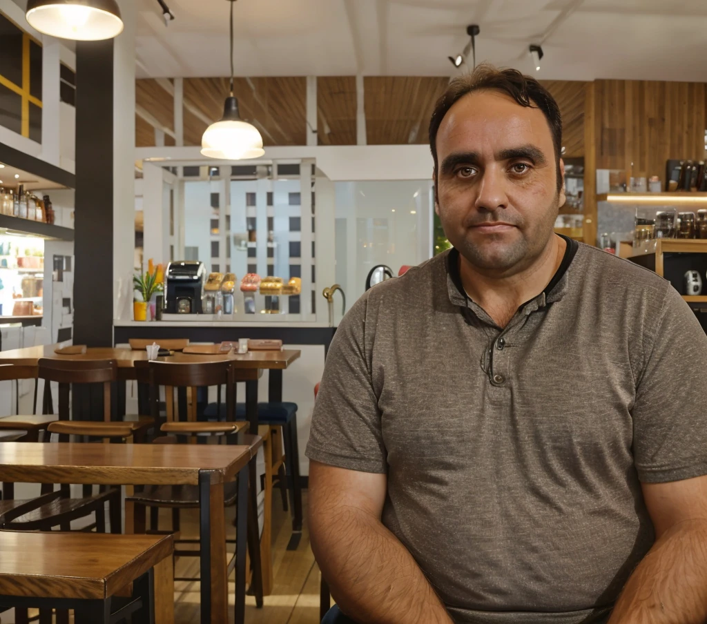 a 40-year-old man, , brown eyes and hair, 95kg, full body,  , realistic, ultra-detailed, vivid colors, professional lighting, portrait, In a cafe, distracted photo, Professional photo, distracted look 